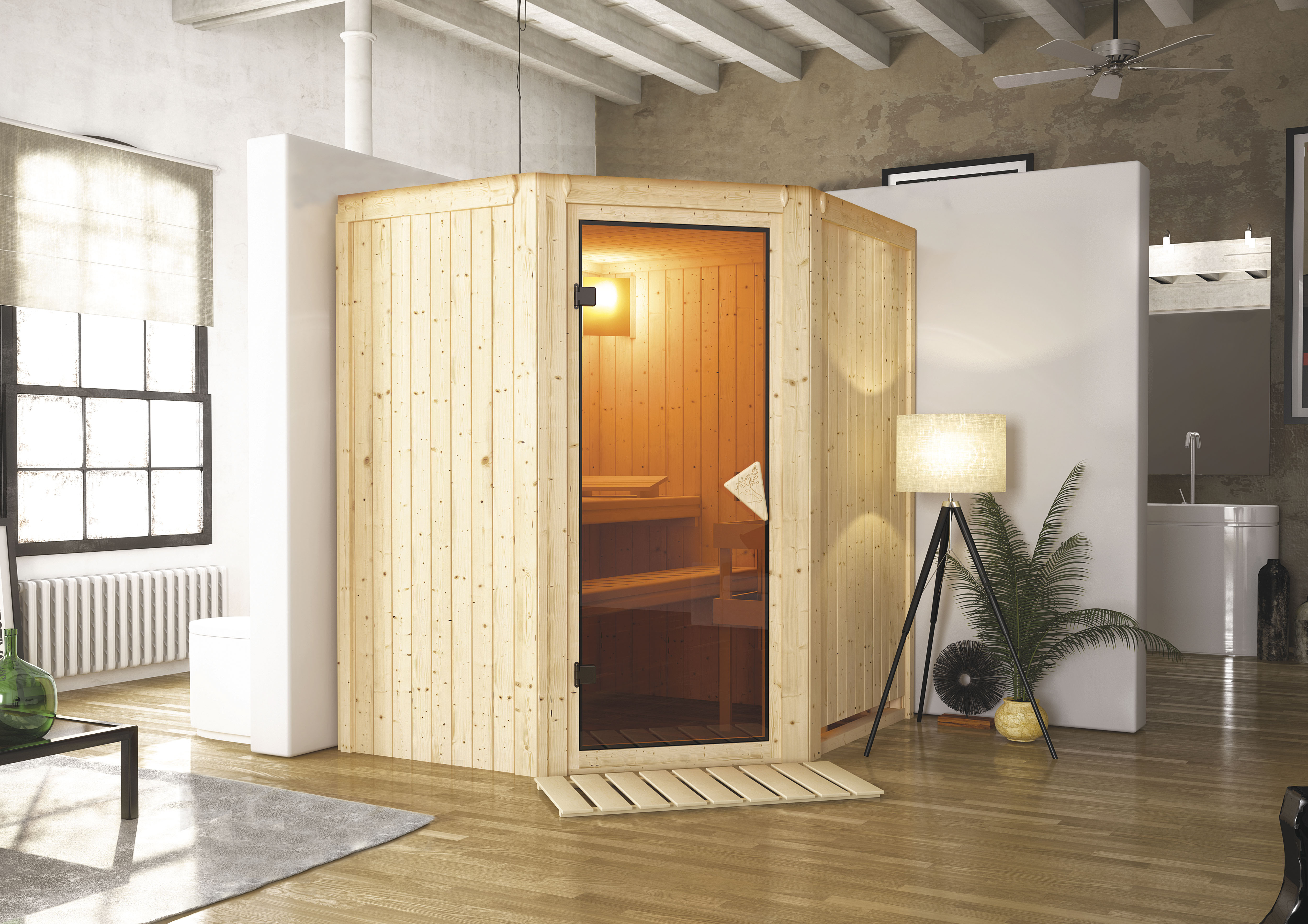 Sauna KARIBU ""Liyah" mit bronzierter Tür naturbelassen", beige (naturbelassen), Saunaofen, integrierte Steuerung, (ohne Ofen), Saunen, in verschiedenen Ausführungen erhältlich