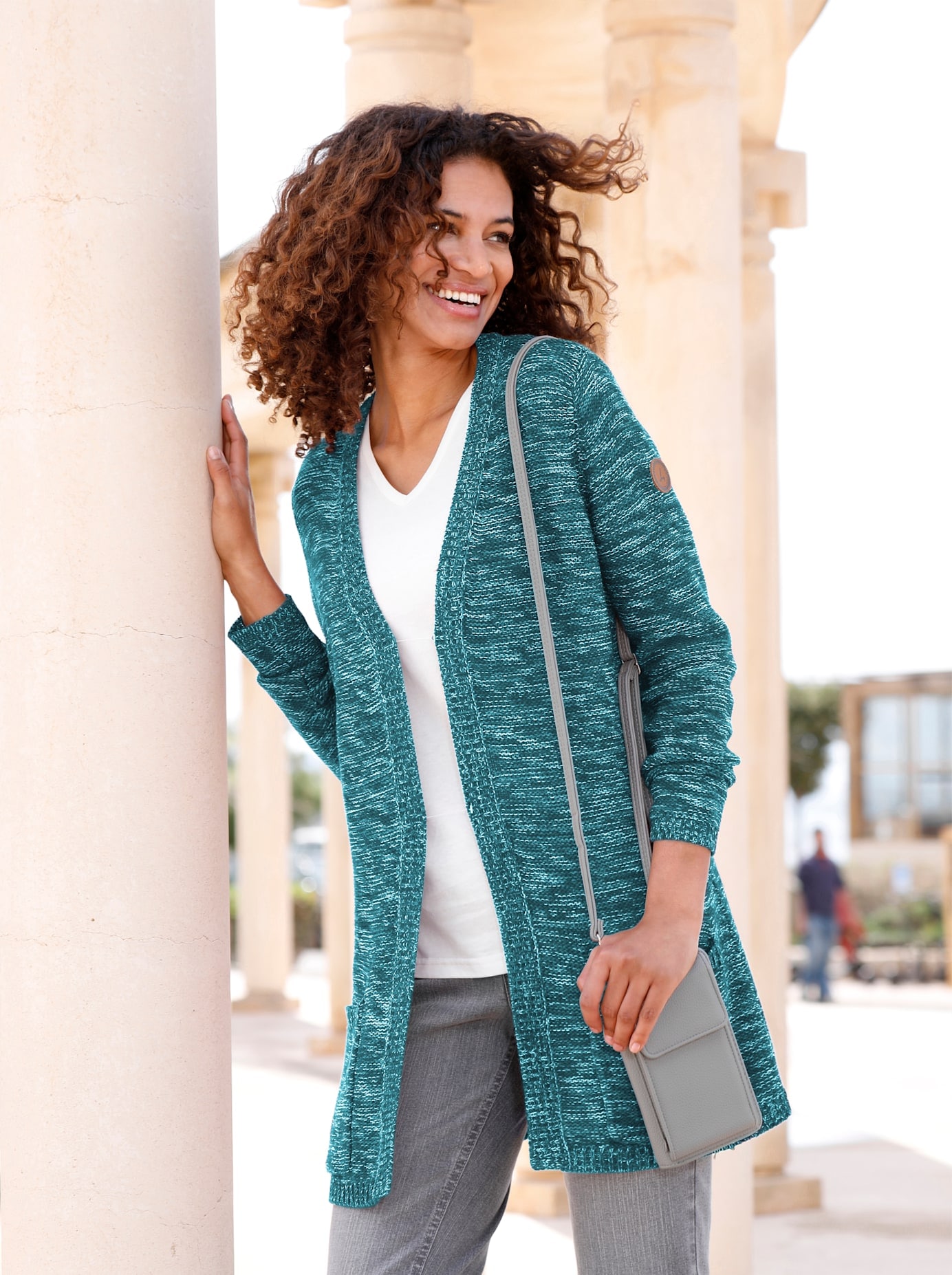 Strickjacke CASUAL LOOKS, Damen, Gr. 54, blau (petrol, meliert), 54% Baumwolle, 46% Polyacryl, meliert, unifarben, Strickjacken Strickjacke