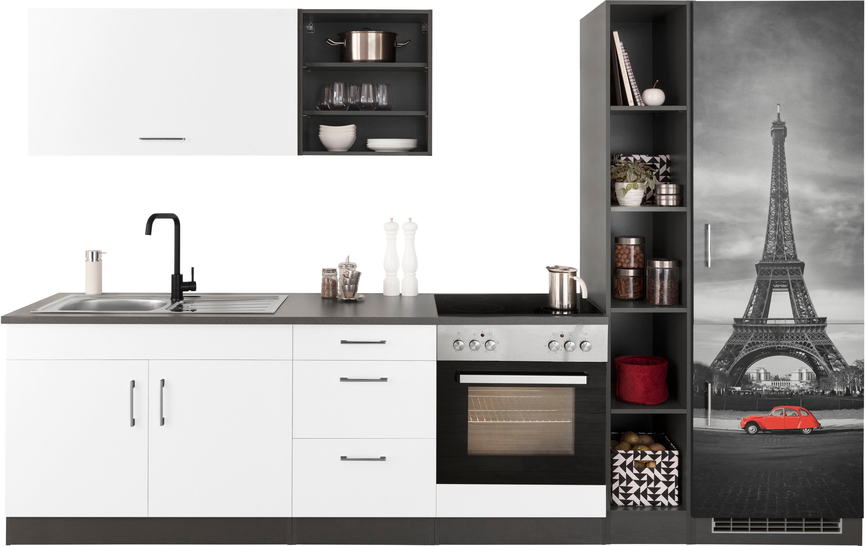 Küchenzeile KOCHSTATION "KS-Paris", weiß (küche: weiß, korpus: grafit, arbeitsplatte: anthrazit), B:300cm T:60cm, Komplettküchen-Sets, ohne E-Geräte, Breite 300 cm Image