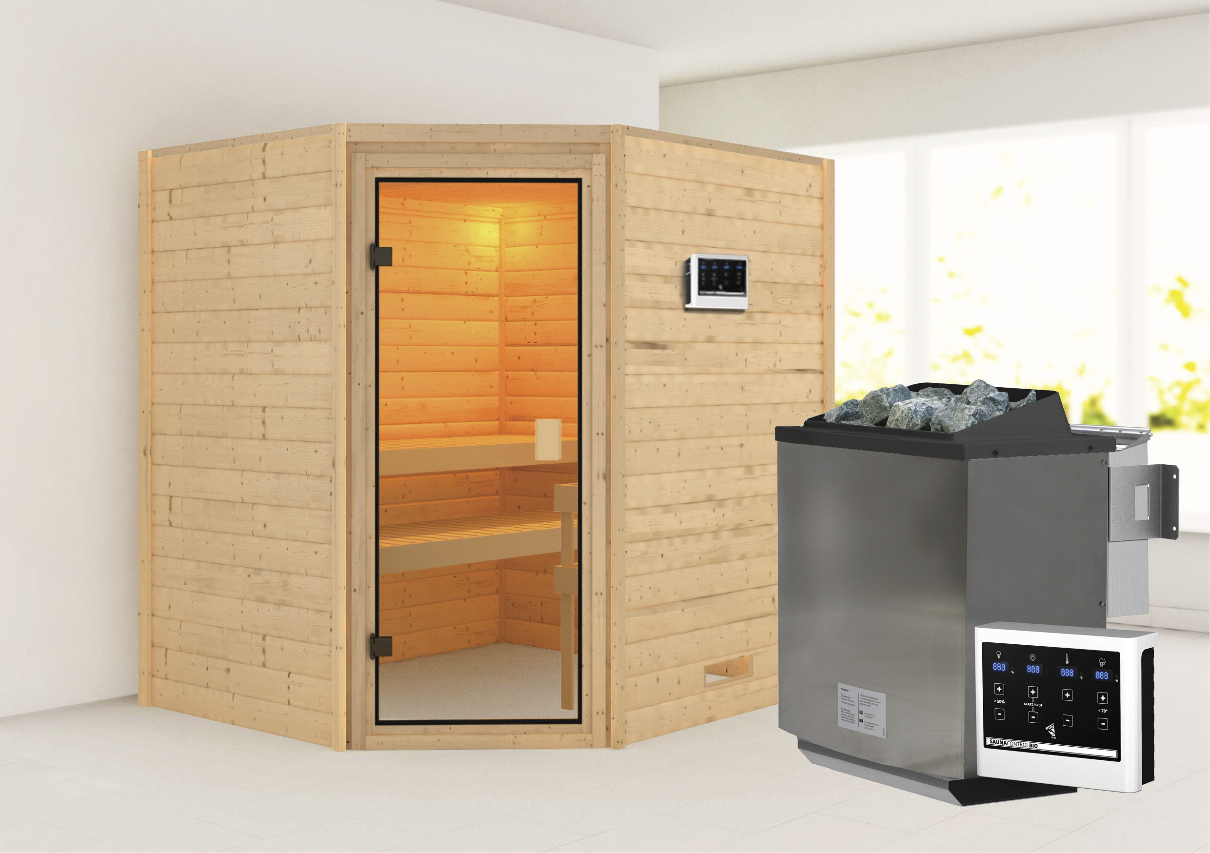 Sauna KARIBU "Mia (Fronteinstieg)", beige (naturbelassen), (ohne Ofen), Saunen, Ofen 9 kW Bio externe Strg easy