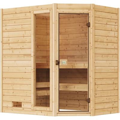 Sauna WEKA "Massivholzsauna VALIDA Eck 1", beige (natur), Saunaofen, externe Steuerung, 4,5 kW, Saunen, Blockbohlen, Fensterelement, moderne Glastür Image