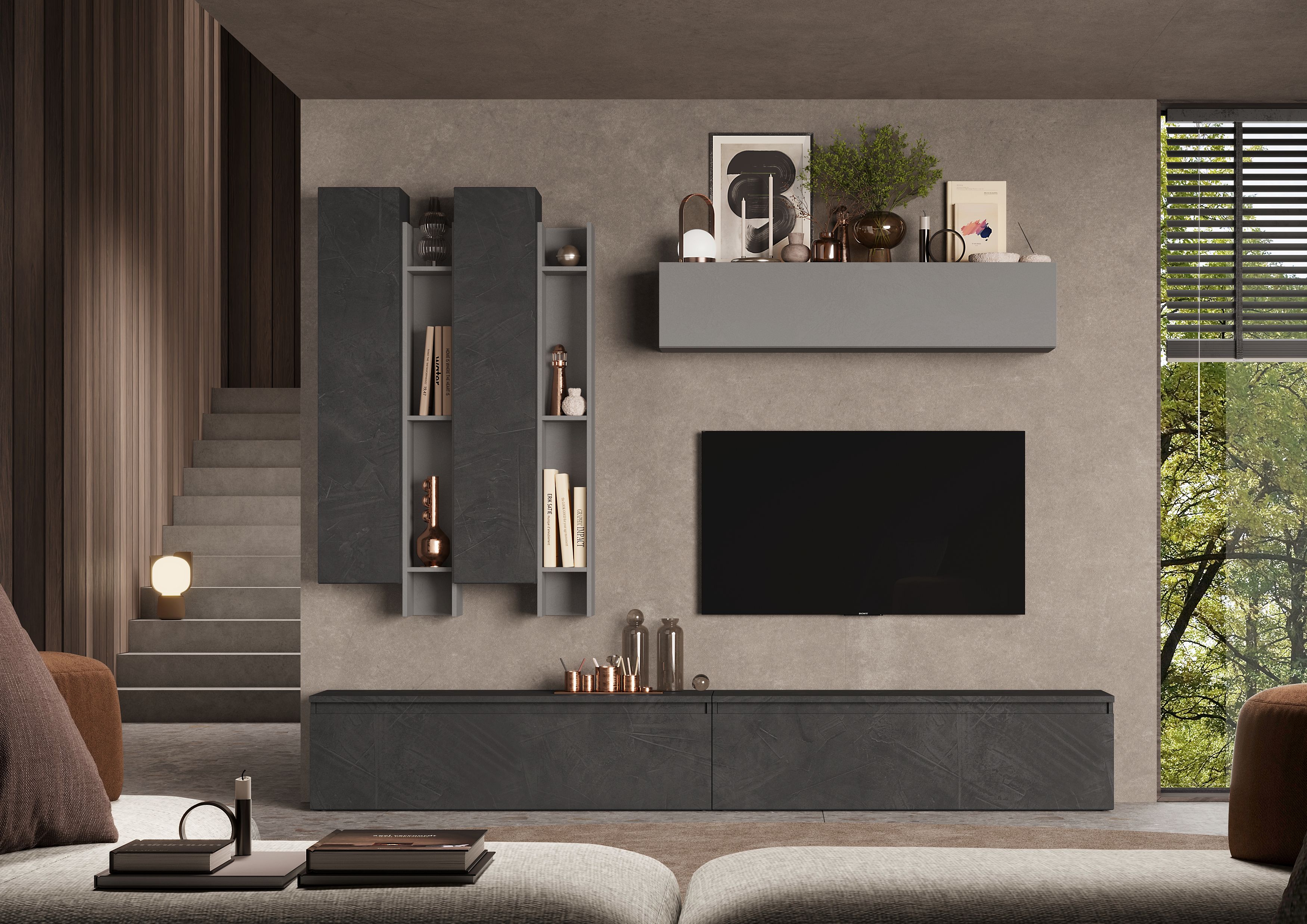 Wohnwand INOSIGN "Infinity, 7tlg. Breite 276 cm, Höhe variabel, Schrankwand, Anbauwand", grau (steingrau (ardesia), bleigrau (piombo)), B:276cm H:210cm T:40cm, Kastenmöbel-Sets, Wohnwand, (2x Lowboard, 3x Hängeschrank, 2x Wandregal)