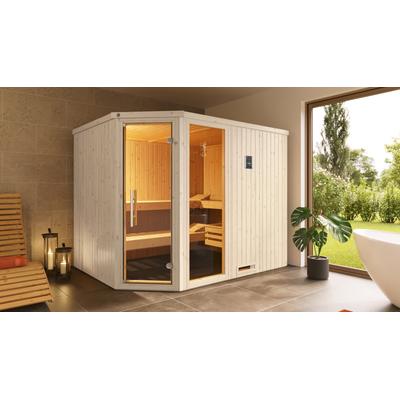 Sauna WEKA "Element-Ecksauna VARBERG 4", weiß, Saunaofen, externe Steuerung, 9 kW, Saunen, vorgefertigte Elemente, Fensterelement, moderne Ganzglastür Image