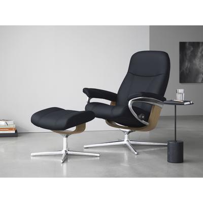 Relaxsessel STRESSLESS "Consul", blau (shadow blau paloma), B:91cm H:102cm T:79cm, Leder PALOMA: PALOMA ist ein durchgefärbtes Semianilin-Möbelleder mit natürlicher Narbung., Sessel, mit Hocker, mit Cross Base, Größe S, M & L, Holzakzent Eiche Image