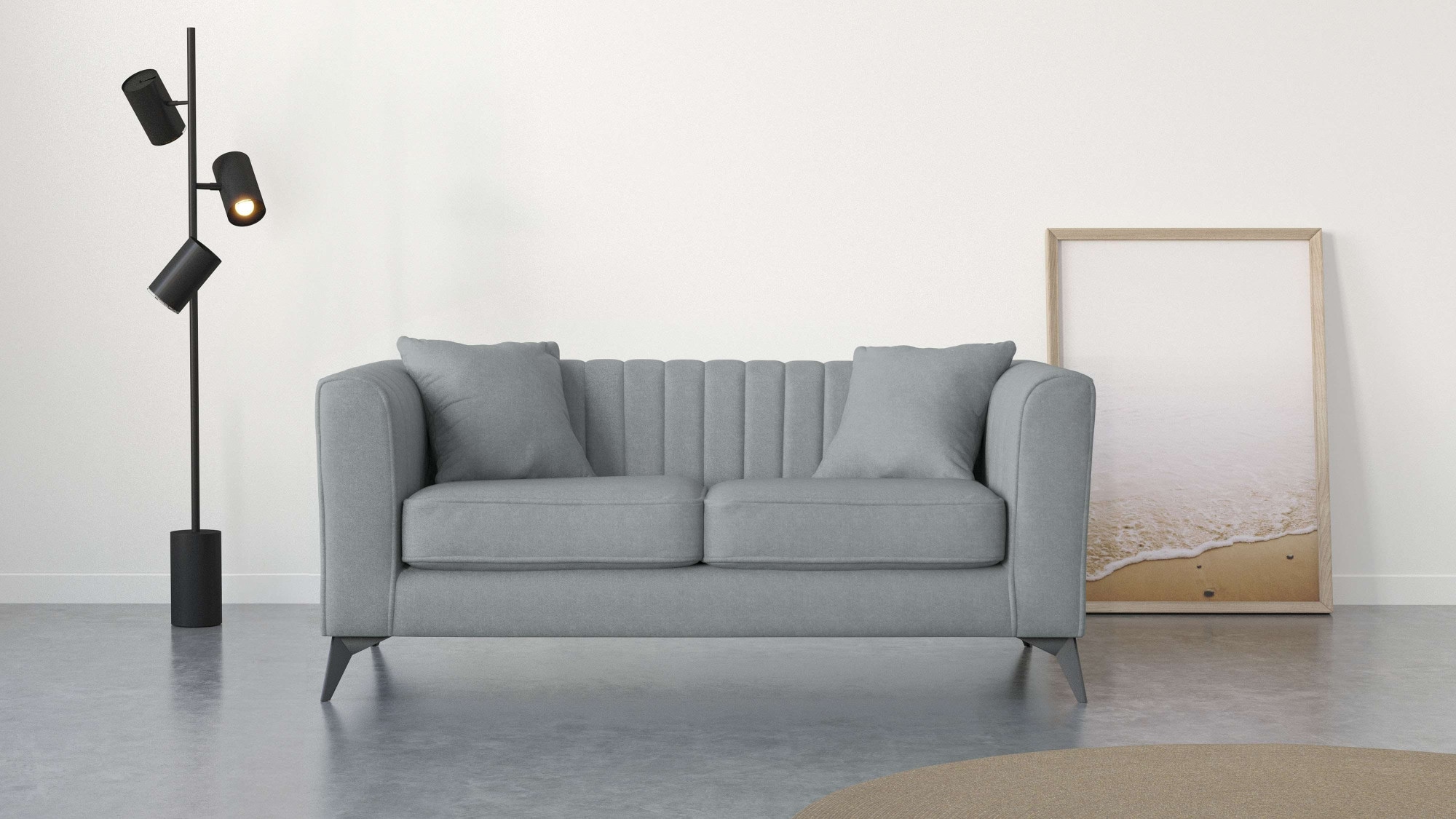 2-Sitzer PLACES OF STYLE "MATTHEW elegantes Designsofa, Maße B/T/H: 170/86/74 cm", grau (hellgrau), B:170cm H:74cm T:86cm, 100% Polyester, Sofas, Steppung im Rücken, lose Sitzkissen, incl. Zierkissen