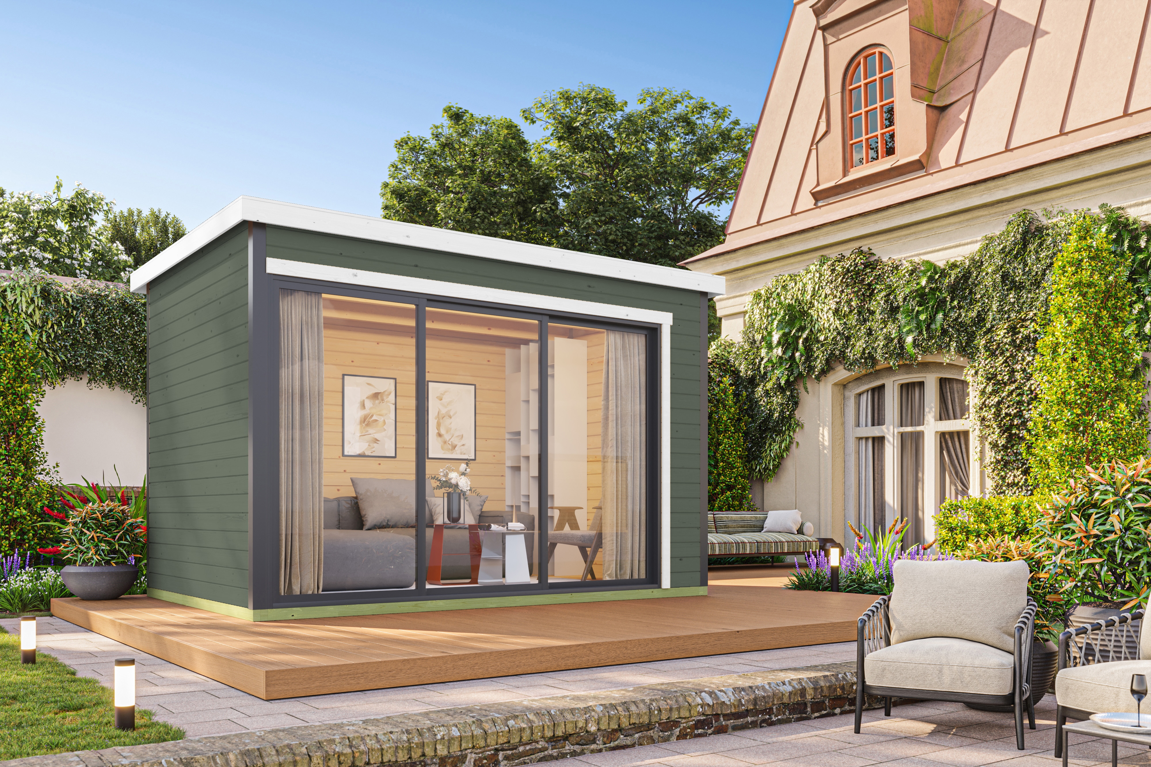 Gartenhaus NORDIC HOLZ "AUSTIN 3", grün (grüngrau), Fußboden im Gartenhaus, Massivholzdach, Holz, Gartenhäuser, Gartenhaus