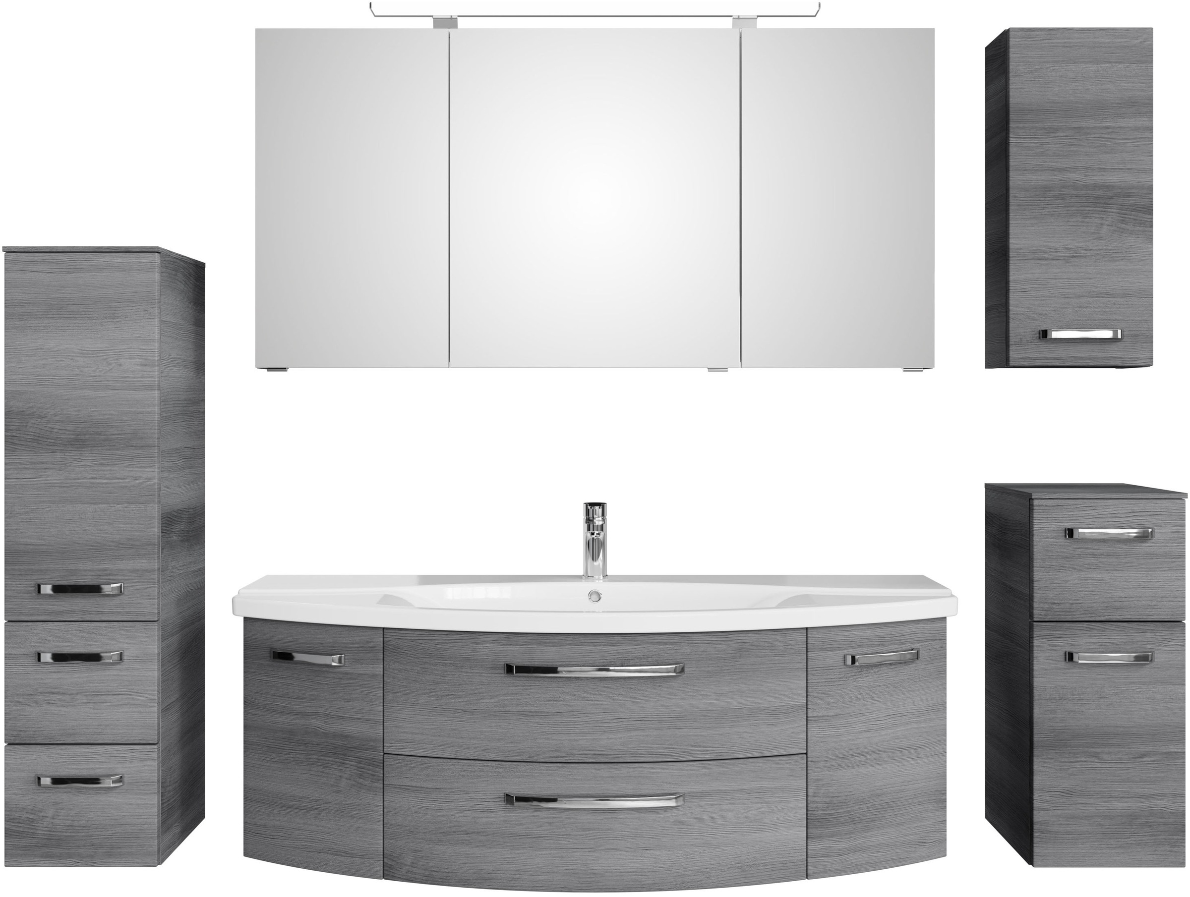 Badmöbel-Set SAPHIR "Serie 4010 5-teilig Keramik-Waschtisch mit LED-Spiegelschrank", grau (graphit struktur quer nachbildung), B:204cm H:200cm T:49,5cm, Spanplatte, Kastenmöbel-Sets, Bad Set mit Unterschrank, Hängeschrank, Midischrank, inkl. Türdämpfer Image