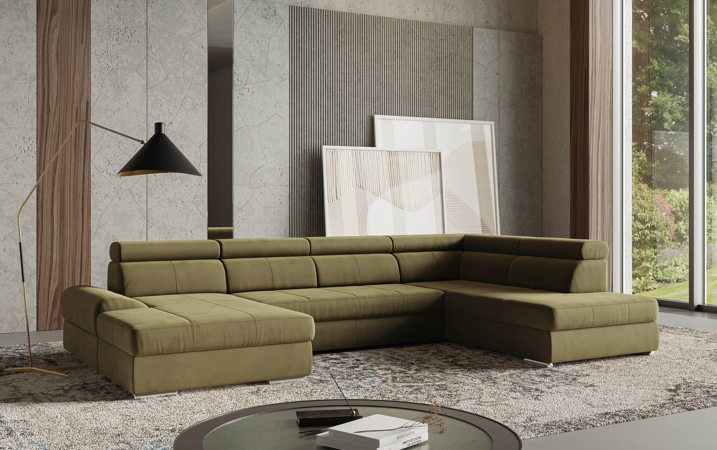 Wohnlandschaft SIT & MORE "U-Form", grün (olive), B:345cm H:79cm T:213cm, 100% Polyester, Sofas, mit verstellbaren Kopfteilen, wahlweise mit Bettfunktion Image