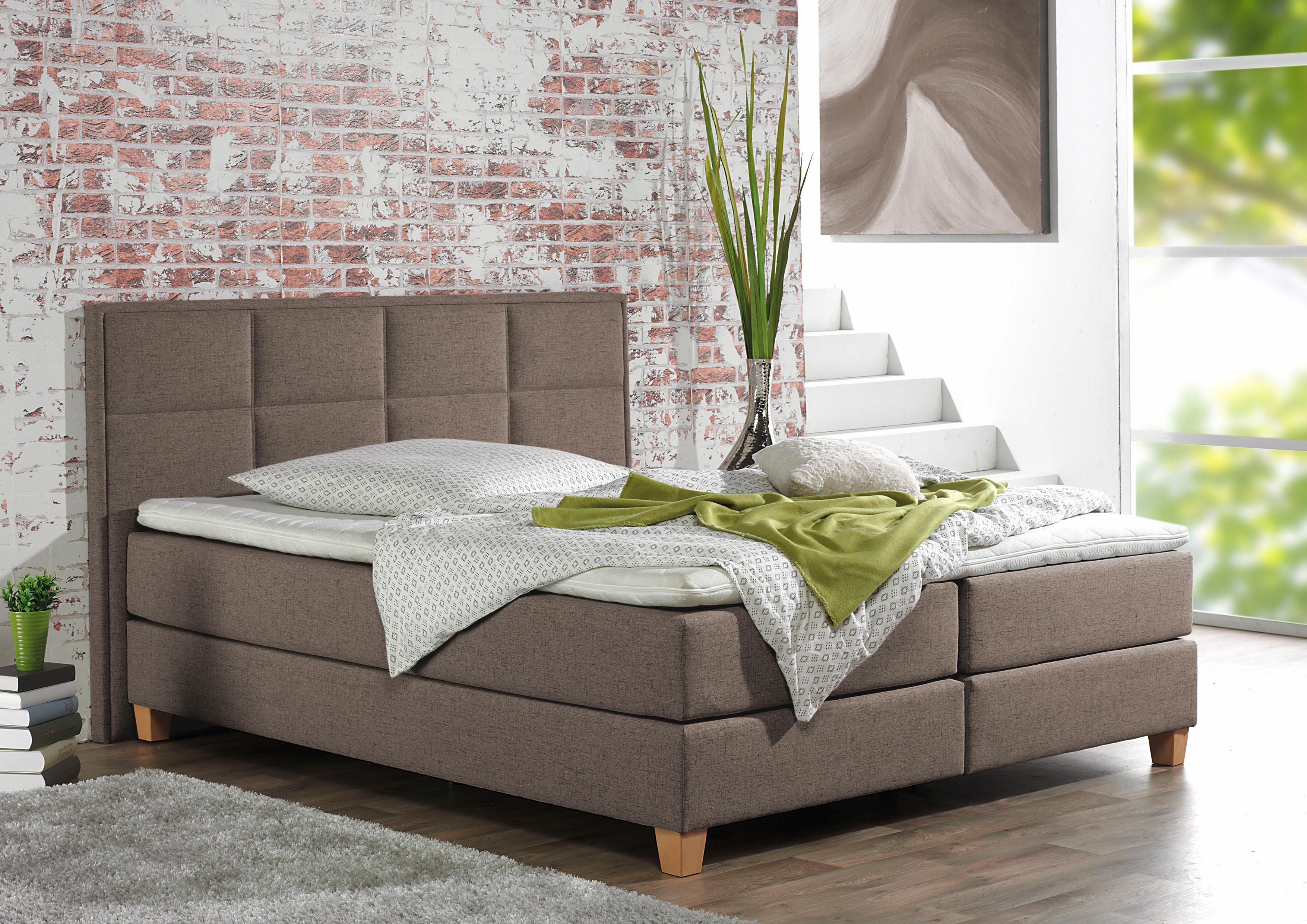 Boxspringbett HOME AFFAIRE "Casey", braun (hellbraun), B:191cm L:209cm, Struktur fein (100% Polyester), Komplettbetten, Boxspringbett, in 5 Breiten, 3 Ausführungen, 2 Härtegraden, Steppung, Topper Image