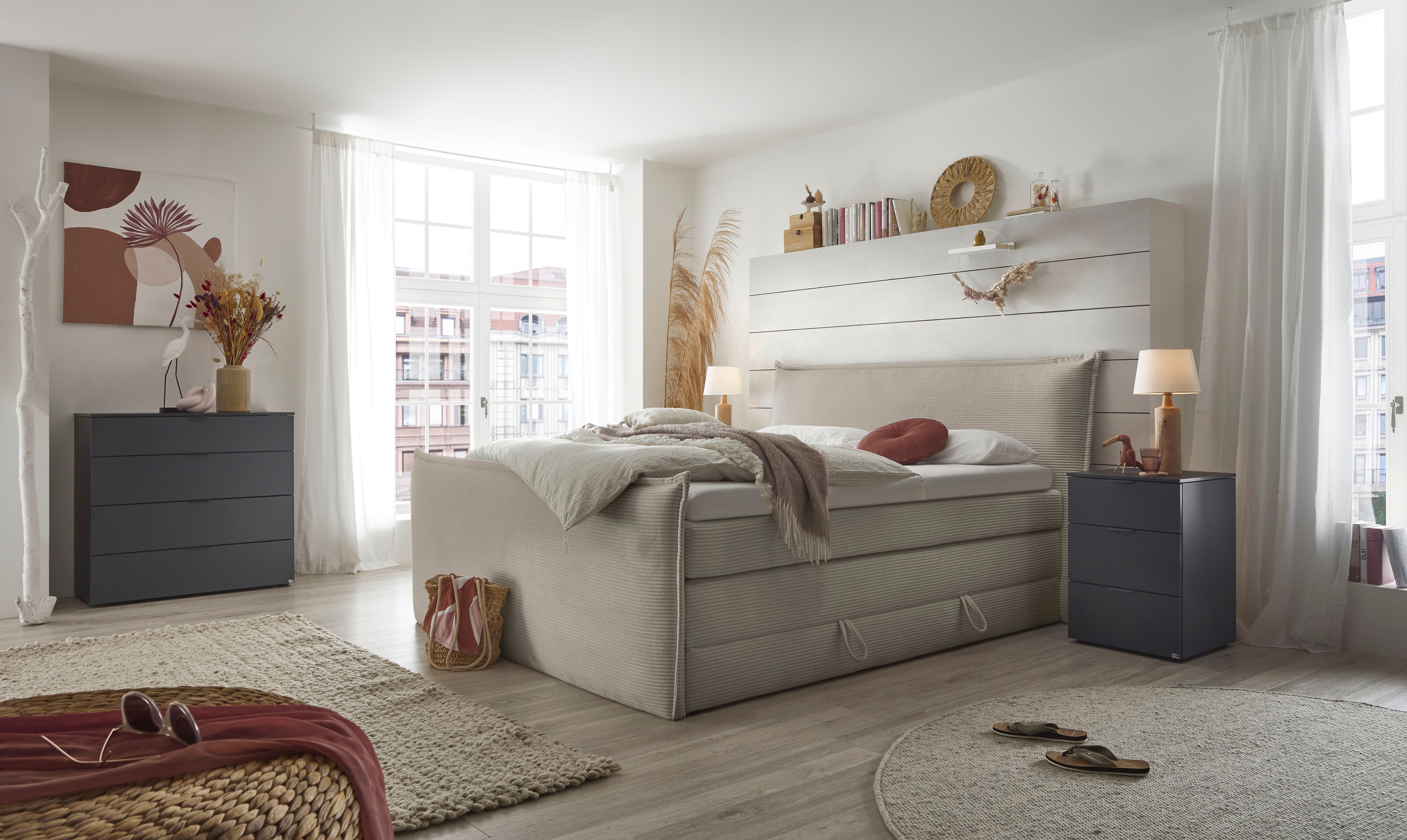 Boxspringbett "Florida", grau (hellgrau), L:228cm, SET ONE BY MUSTERRING, Komplettbetten, Boxspringbett, in modernem Cord-Bezug, mit Bettkasten, in 3 Größen erhältlich