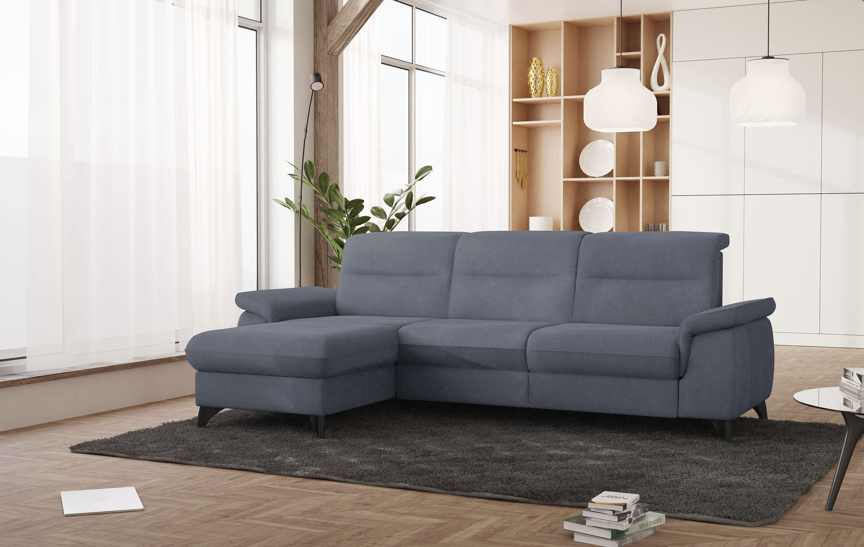 Ecksofa SIT & MORE "Astoria L-Form", blau (graublau), B:260cm H:91cm T:175cm, 100% Polyester, Sofas, wahlweise mit motorischer Relaxfunktion Image