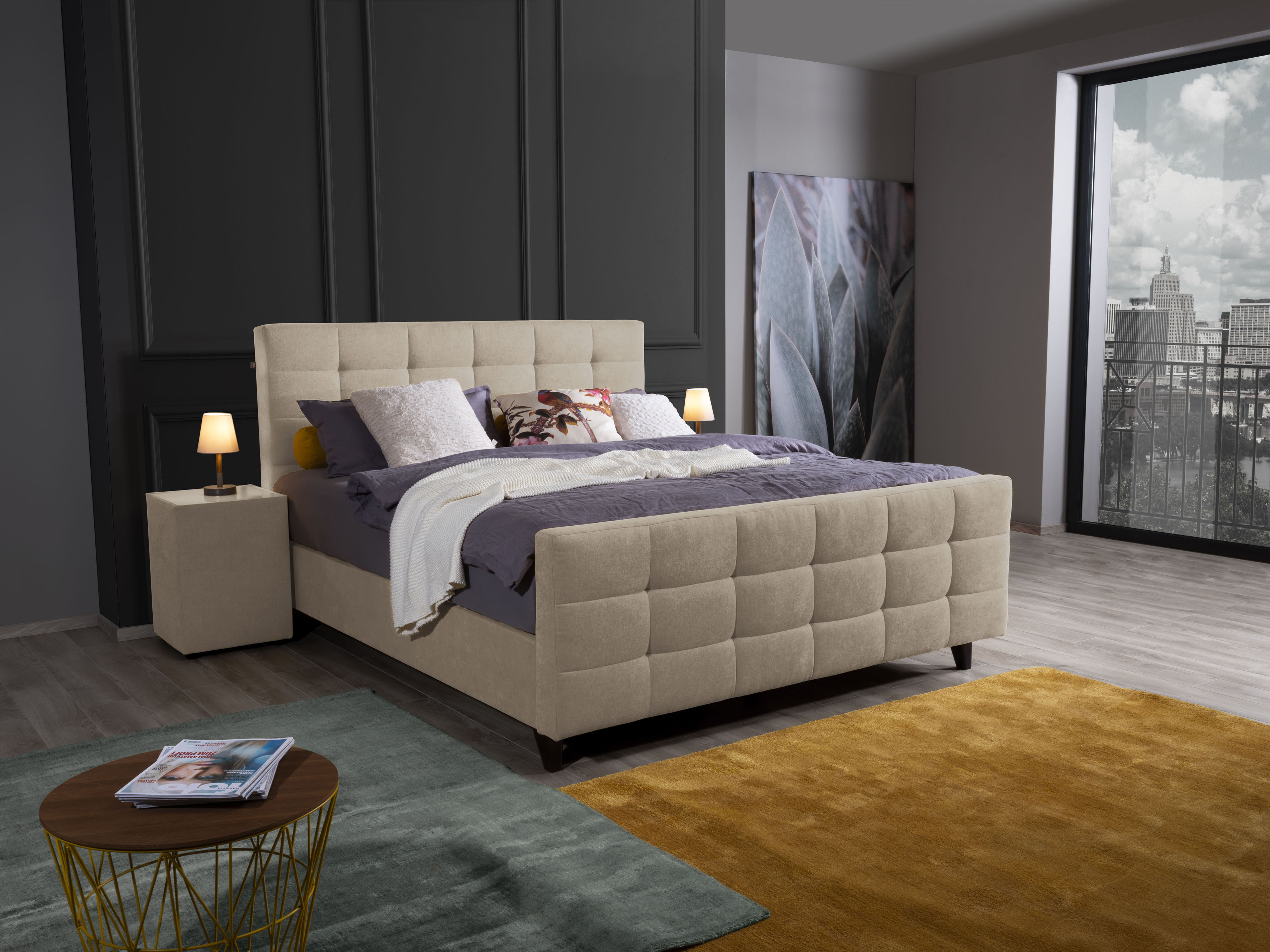 Boxspringbett ALINA "Dory", beige (beige enf 2), B:181cm L:223cm, Samt ENF (95% Polyester, 5% Polyamid), Komplettbetten, Boxspringbett, inklusive Matratze und Topper, mit Fußteil Image
