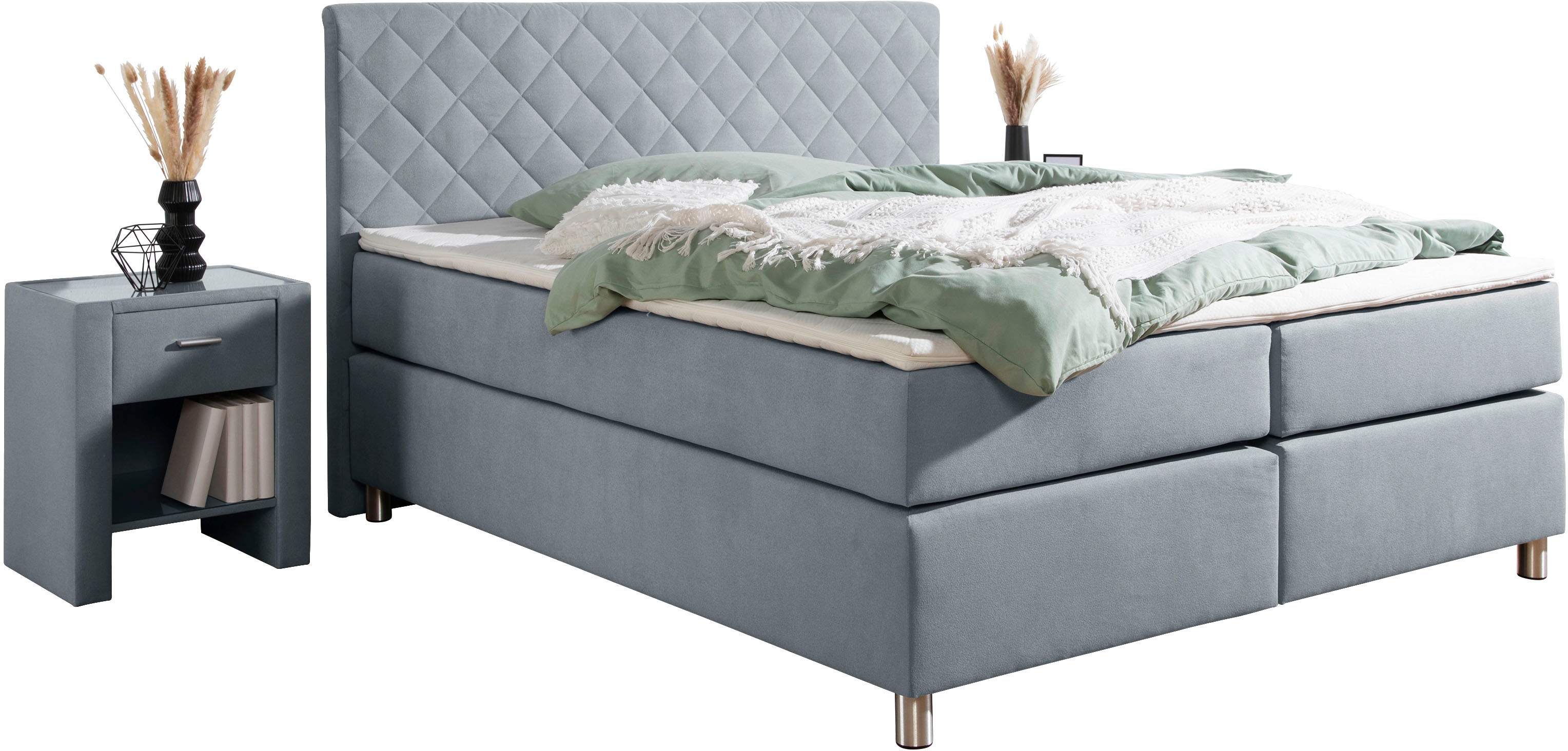 Boxspringbett HOME AFFAIRE "Bernard, in verschiedenen Breiten", blau (mittelblau), B:188cm L:208cm, Komplettbetten, Boxspringbett, inkl. Topper, Matratze in H2, H3 oder H4 erhältlich Image
