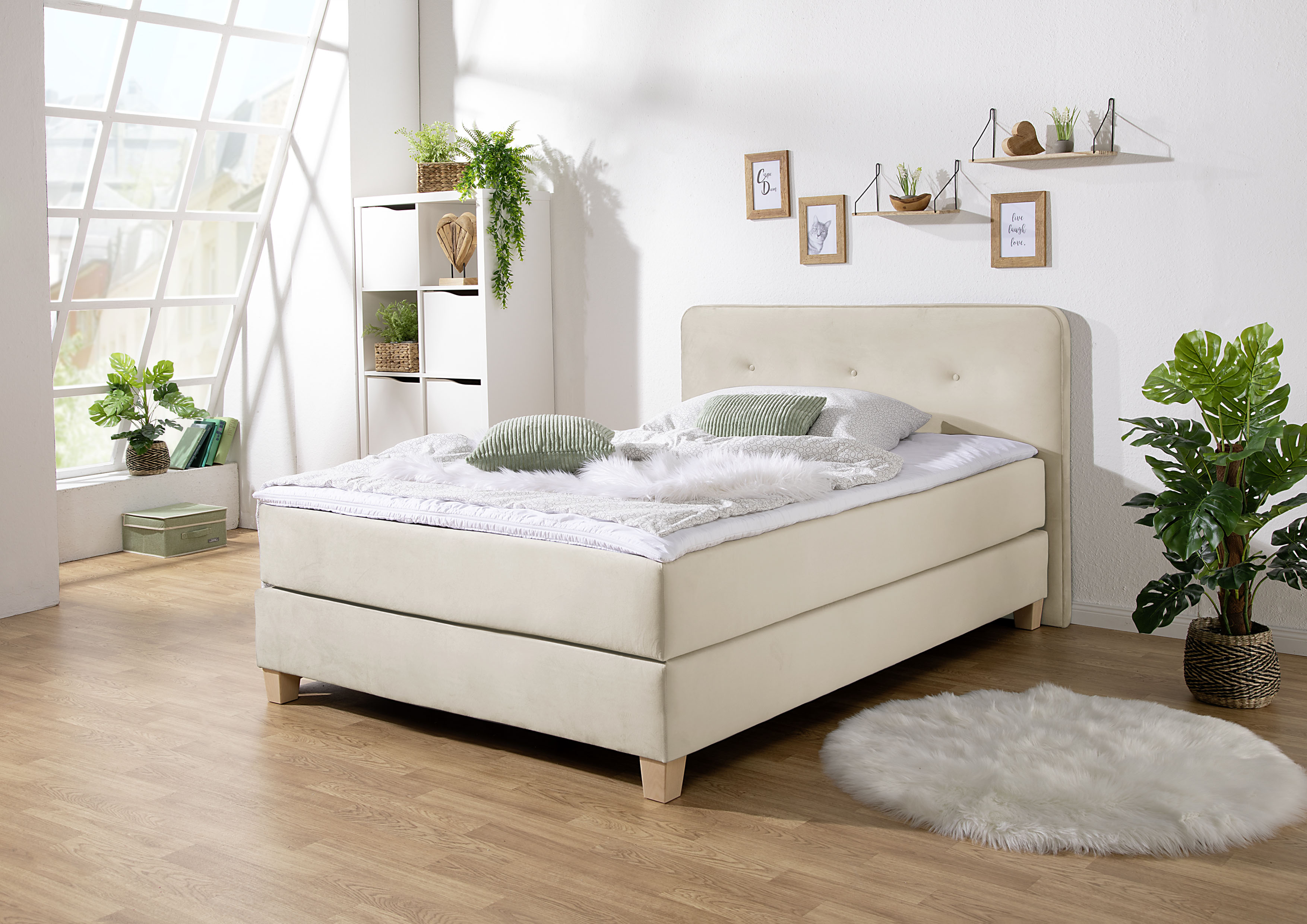 Boxspringbett HOME AFFAIRE "Fargo", beige, B:133cm L:207cm, Struktur fein (100% Polyester);Samtstoff (100% Polyester), Komplettbetten, inkl. Topper, in 3 Matratzenarten, in Samt- oder Strukturstoff