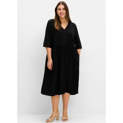 A-Linien-Kleid SHEEGO "Blusenkleid", Damen, Gr. 52, Normalgrößen, schwarz, Web, 100% Viskose, unifarben, wadenlang, V-Ausschnitt, Kurzarm, Kleider Image