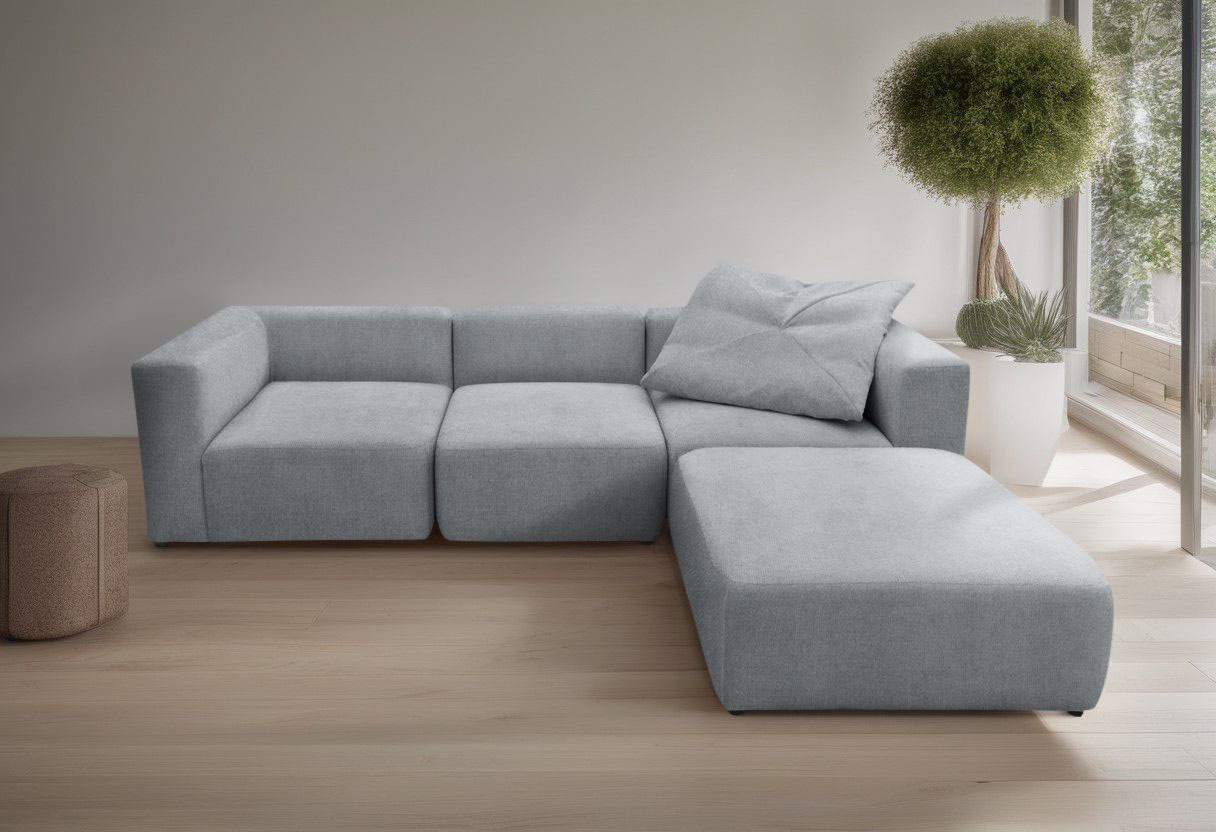 3-Sitzer ANDAS "Utvik kann individuell zusammengestellt werden", grau, B:301cm H:69cm T:108cm, 95% Polyester, 5% Nylon, Sofas, Modulsofa, bestehend aus 2 Eck-, 1 Mittelelement und 1 Hocker Image