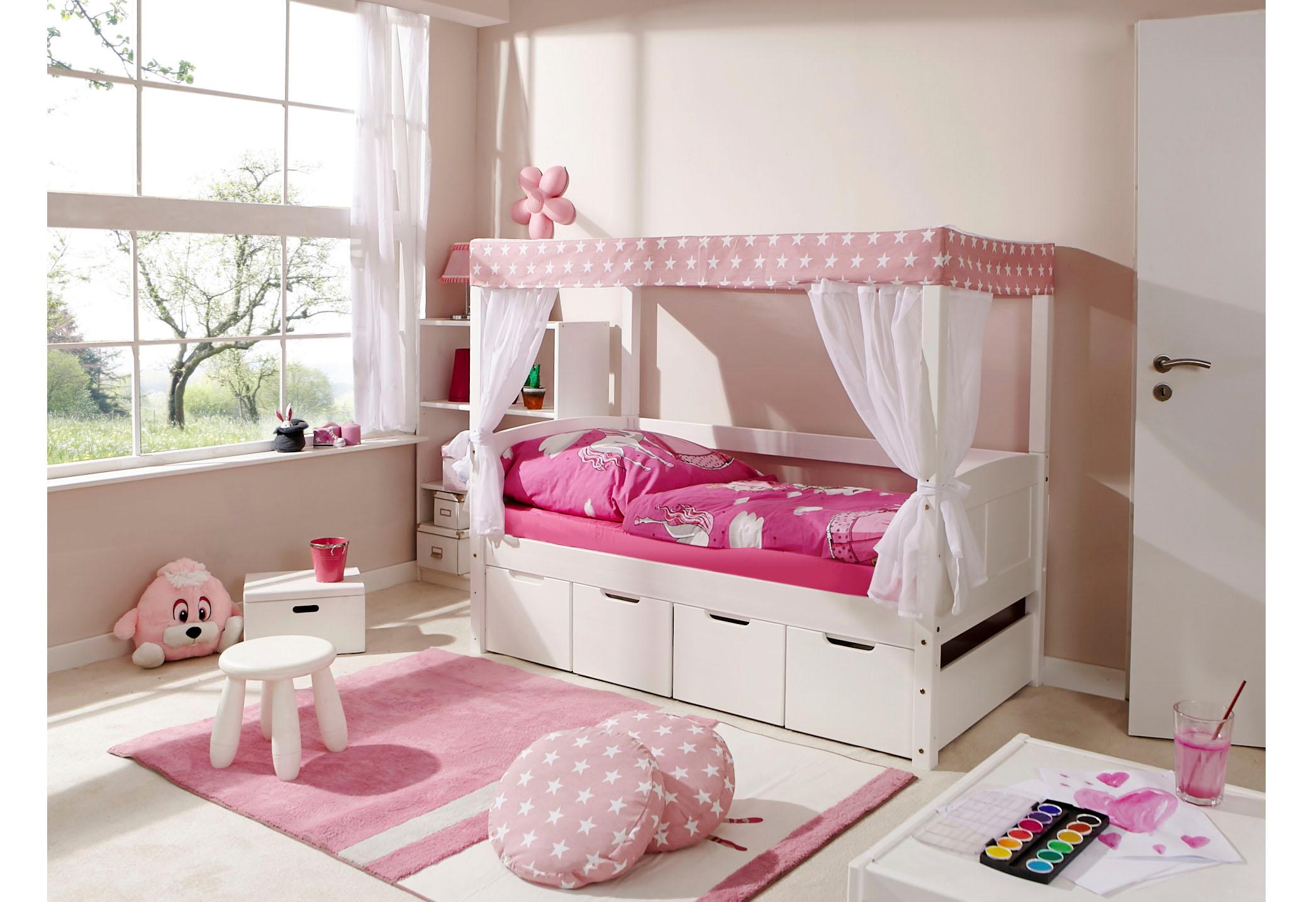 Himmelbett TICAA "Lino", rosa (kiefer massiv weiß lackiert, rosa), B:86cm, Betten