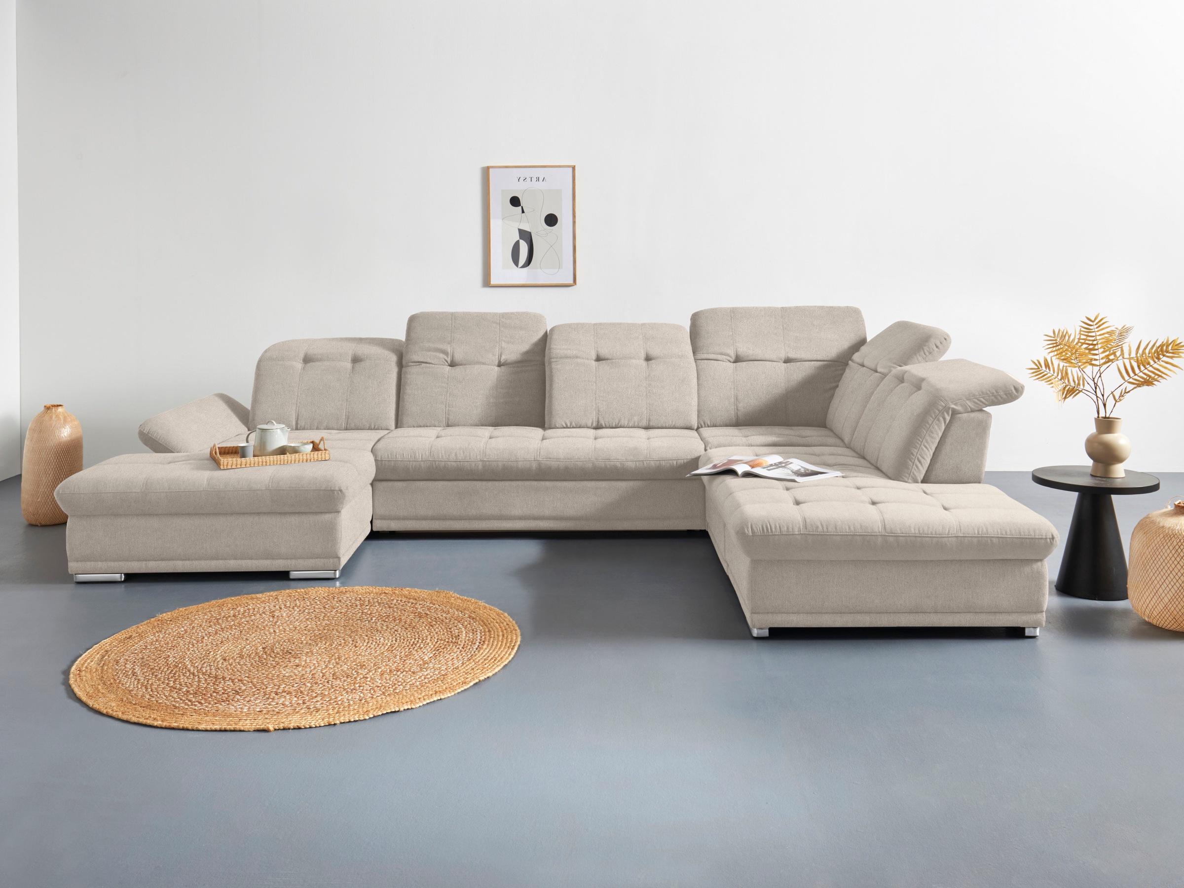 Wohnlandschaft COTTA "Holiday U-Form mit Sitztiefen-, Armteil- und Kopfteilverstellung", beige, B:386cm H:86cm T:265cm, 100% Polyester, Sofas, wahlweise mit Bettfunktion & Bettkasten Image