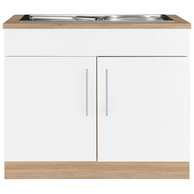 Spülenschrank WIHO KÜCHEN "Cali", weiß (front: weiß matt, korpus und arbeitsplatte: sonoma eichefarben), B:100cm H:85cm T:60cm, Schränke, 100 cm breit Image