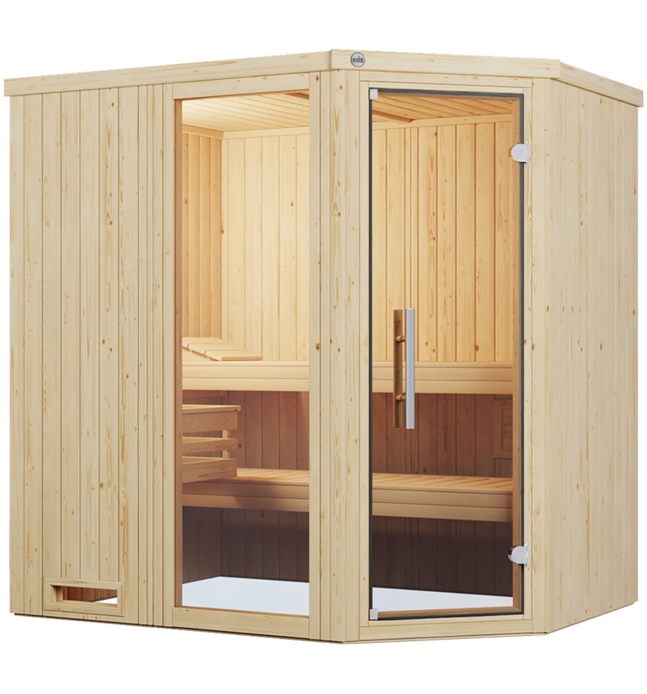 Sauna WEKA "Element-Ecksauna VARBERG 1", beige (natur), Saunaofen, externe Steuerung, 4,5 kW, Saunen, vorgefertigte Elemente, Fensterelement, moderne Ganzglastür Image
