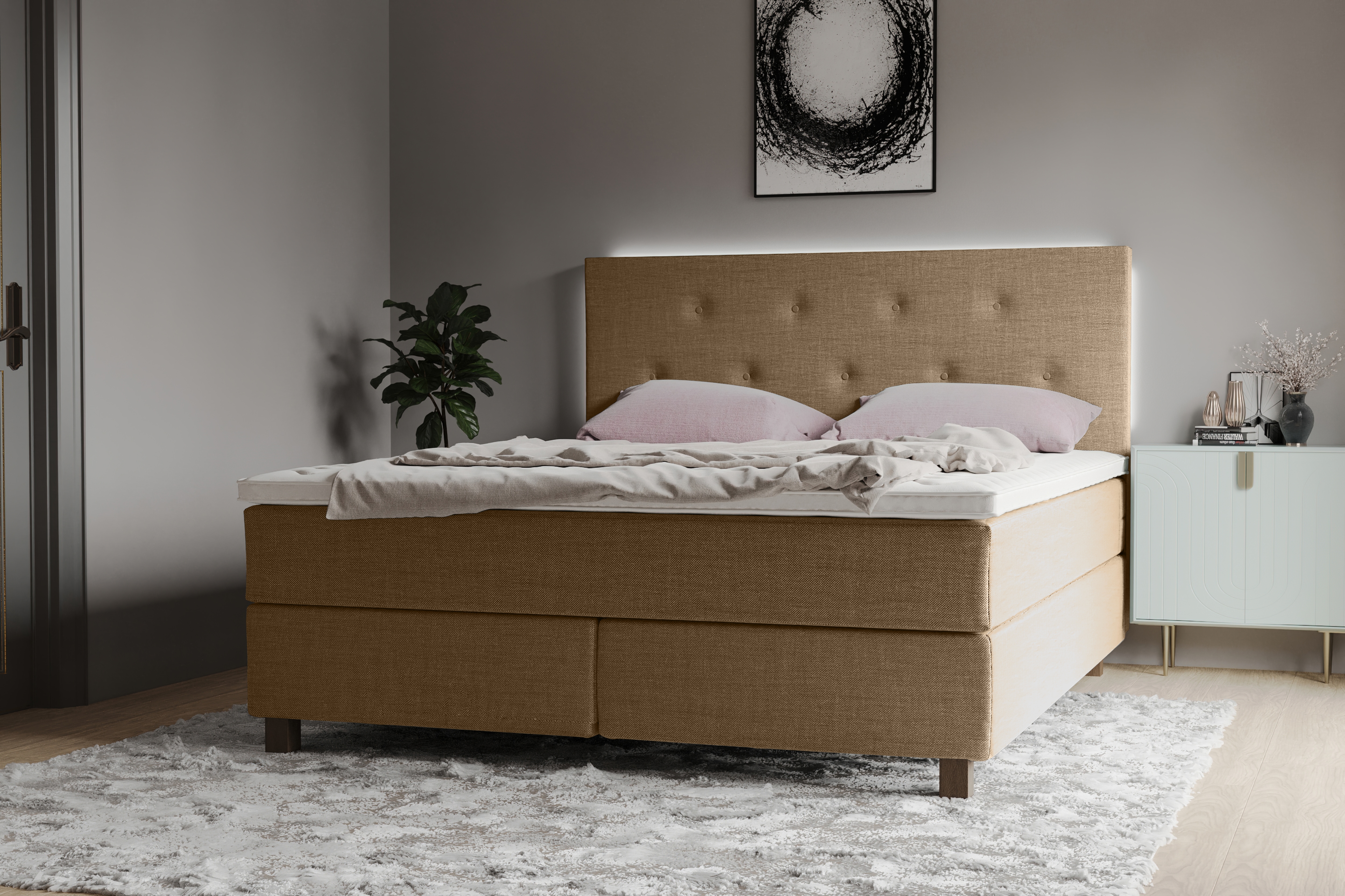 Boxspringbett HOME AFFAIRE "Alenika", braun (sandbraun), B:161cm L:208cm, 100% Polyester, Komplettbetten, Boxspringbett, mit LED - Beleuchtung, mit Taschen-Federkernmatratze Image