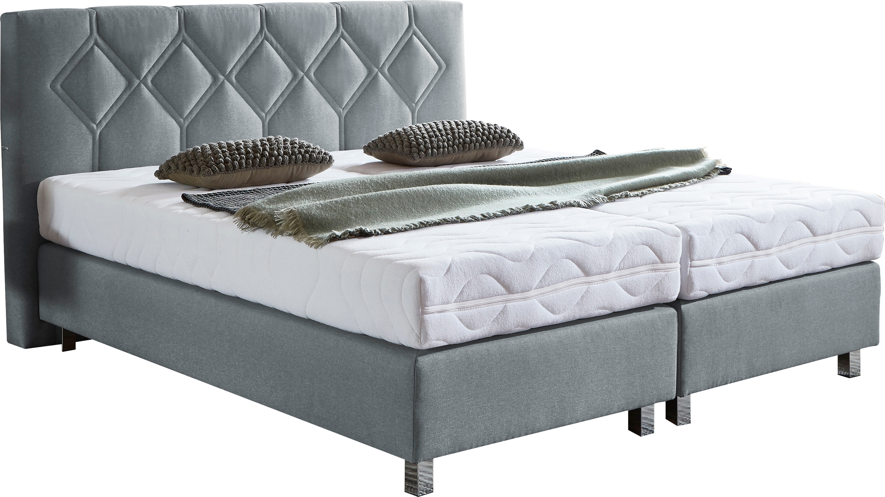 Boxspringbett "Phönix", grau, B:215cm L:210cm, Bezug Bett: Microvelours (100% Polyester) oder Feinstruktur (100% Polyester);Bezug Bonnell-Federkernmatratze: 100% Polyester;Bezug Kaltschaummatratze: 100% Polyester;Bezug... Image