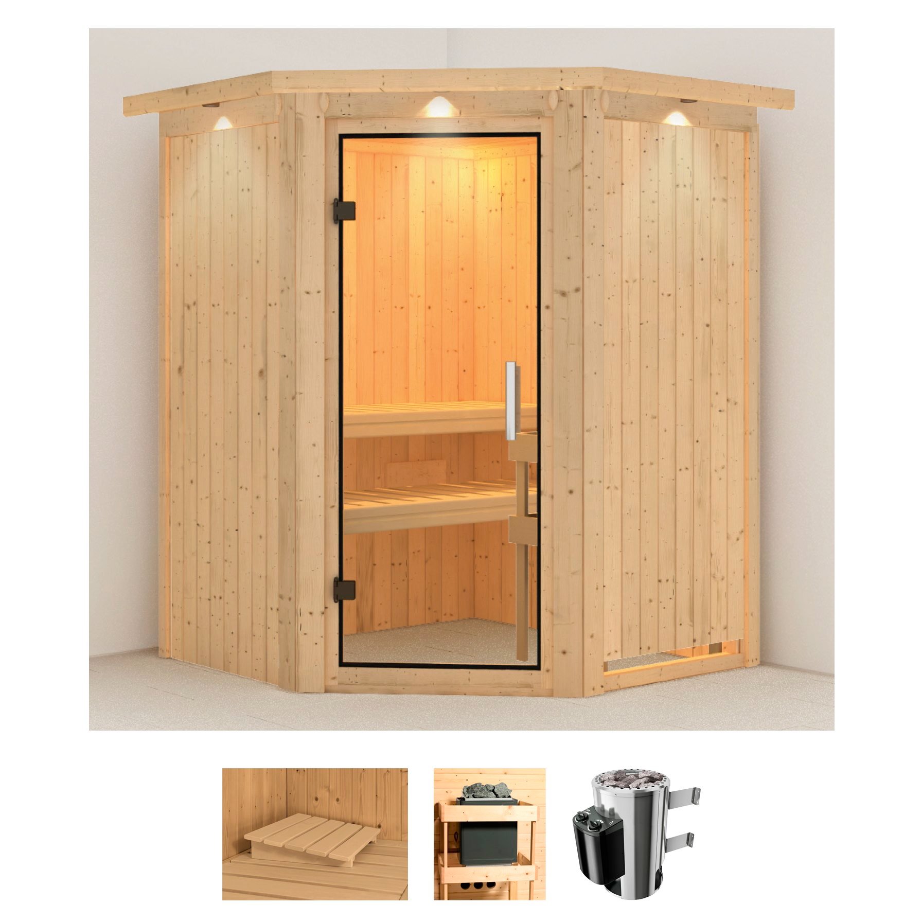Sauna KARIBU "Nanna", beige (naturbelassen), Saunaofen, integrierte Steuerung, 3,6 kW, Saunen, 3,6-kW-Plug & Play Ofen mit integrierter Steuerung Image