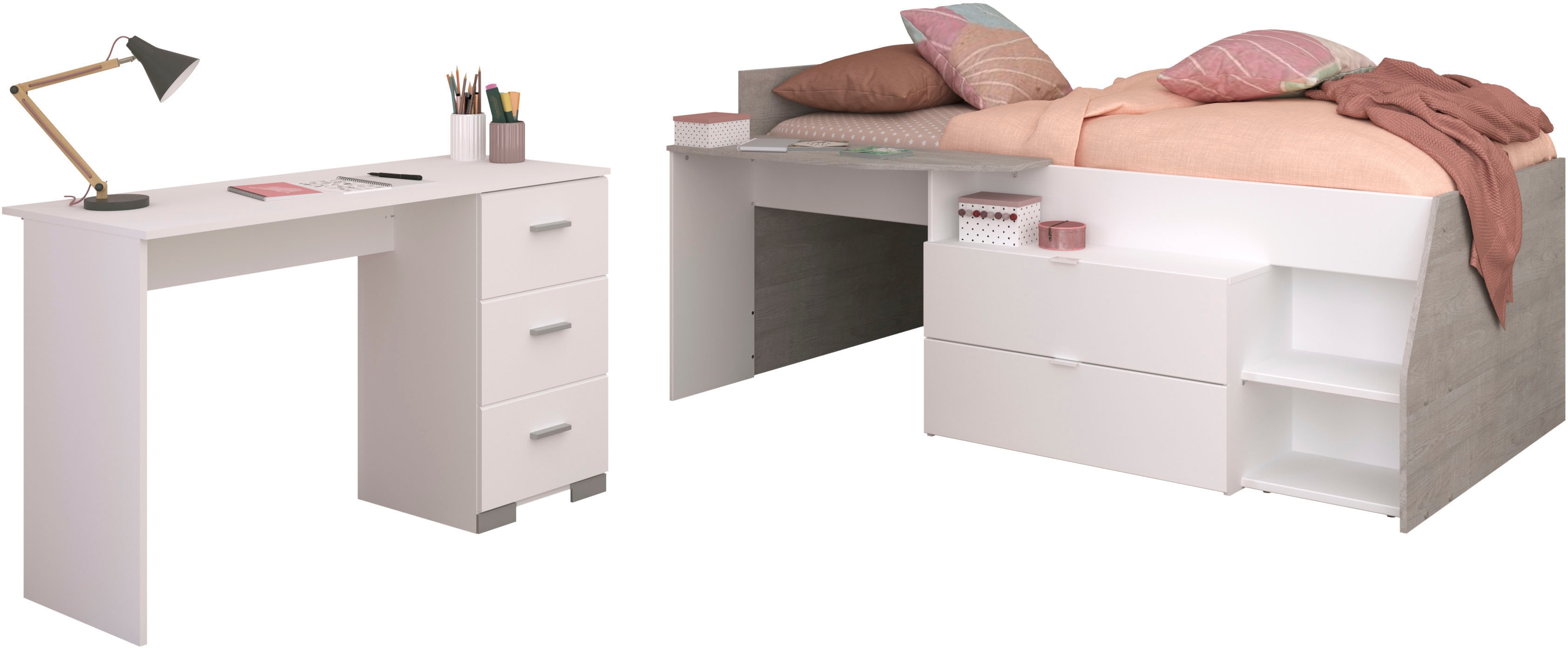 Jugendzimmer-Set PARISOT "Parisot Milky 17", weiß, ohne Matratze, B/H: 90cm x 200cm, Schlafzimmermöbel-Sets, halbhohes Hochbett