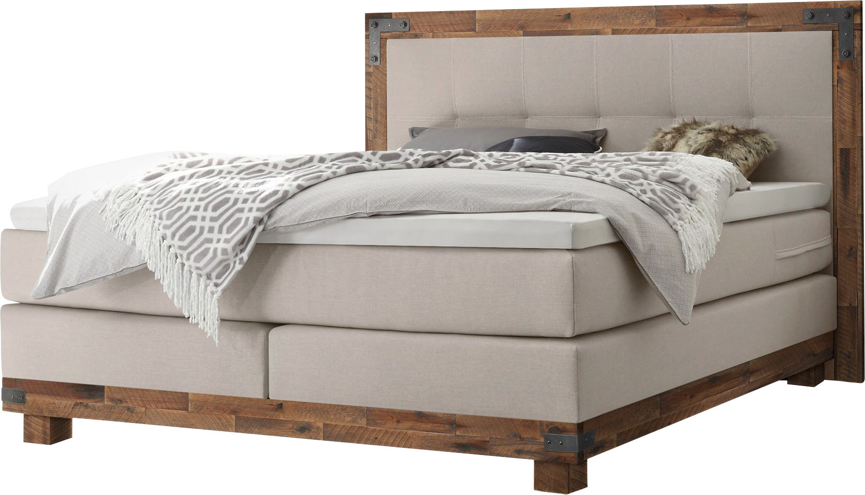 Boxspringbett HASENA "Chicago", beige (beige, akazie braun), B:158cm L:206cm, Komplettbetten, Boxspringbett, im Vintagelook mit Punktsteppung im Kopfteil, Massivholz-Umrandung Image