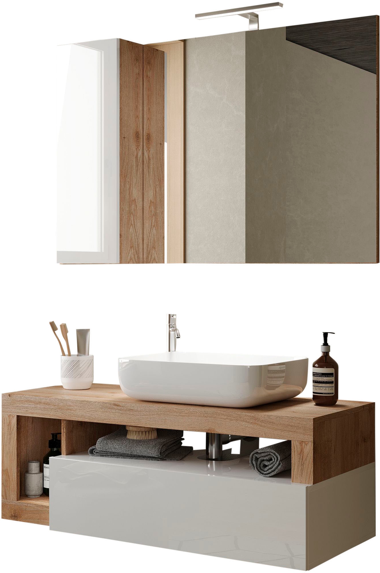 Badmöbel-Set WELLTIME "Hamburg, Badezimmerset 2tlg. Breite 110 cm, Badmöbel, Waschtisch inkl.", braun (weiß, eiche cadiz nb), B:110cm H:190cm T:49cm, Kastenmöbel-Sets, Badmöbel-Set, Waschbecken, Spiegelschrank mit LED Aufbauleuchte, Soft-Close-Funktion