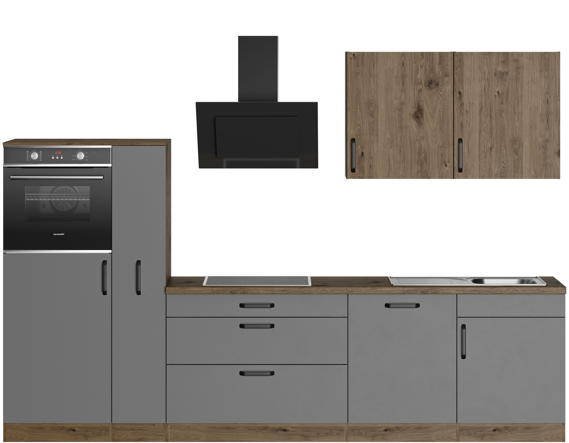 Küchenzeile WIHO KÜCHEN "Elba", grau (küche: grau, korpus: halifax eichefarben braun, arbeitsplatte: eichefarben braun), B:310cm T:60cm, Komplettküchen-Sets, wahlweise mit Hanseatic E-Geräten, Breite 310 cm, Topseller Image