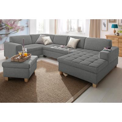 Wohnlandschaft HOME AFFAIRE "Corby, viel Platz und Komfort, U-Form", grau (hellgrau), B:333cm H:80cm T:199cm, Struktur fein (100% Polyester), Chenille (100% Polyester), NaturLEDER (echtes Rindsleder) auf Sitzfläche, Kunstleder im Korpus, Melrose... Image