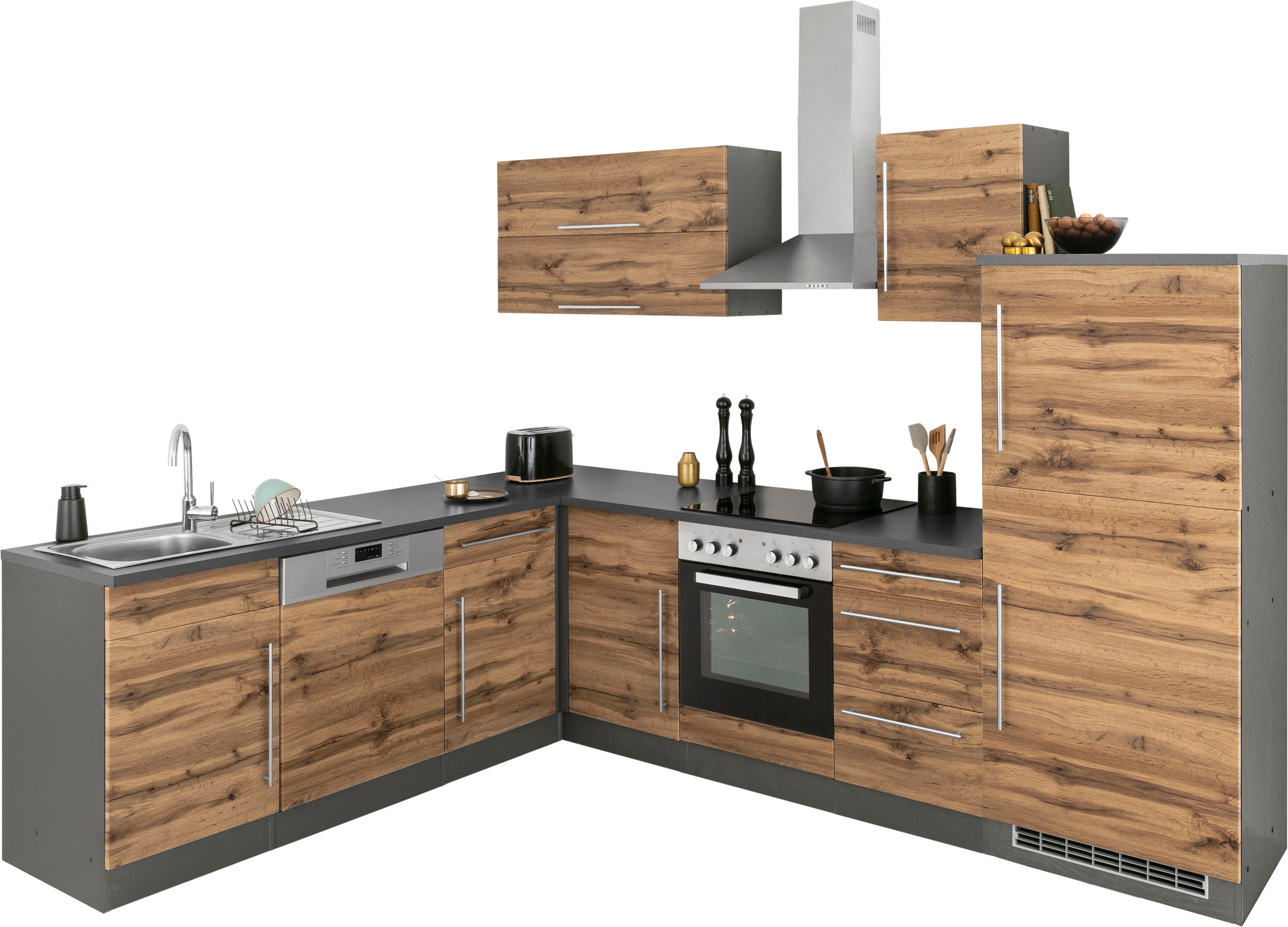 Winkelküche KOCHSTATION "KS-Samos", braun (küche: natur, front: wotaneiche, korpus: grafitgrau, arbeitsplatte: anthrazit), B:280cm H:200cm T:60cm, Komplettküchen-Sets, L-Küche, Stellbreite 280x220 cm, wahlweise mit E-Geräten, mit Arbeitsplatte Image