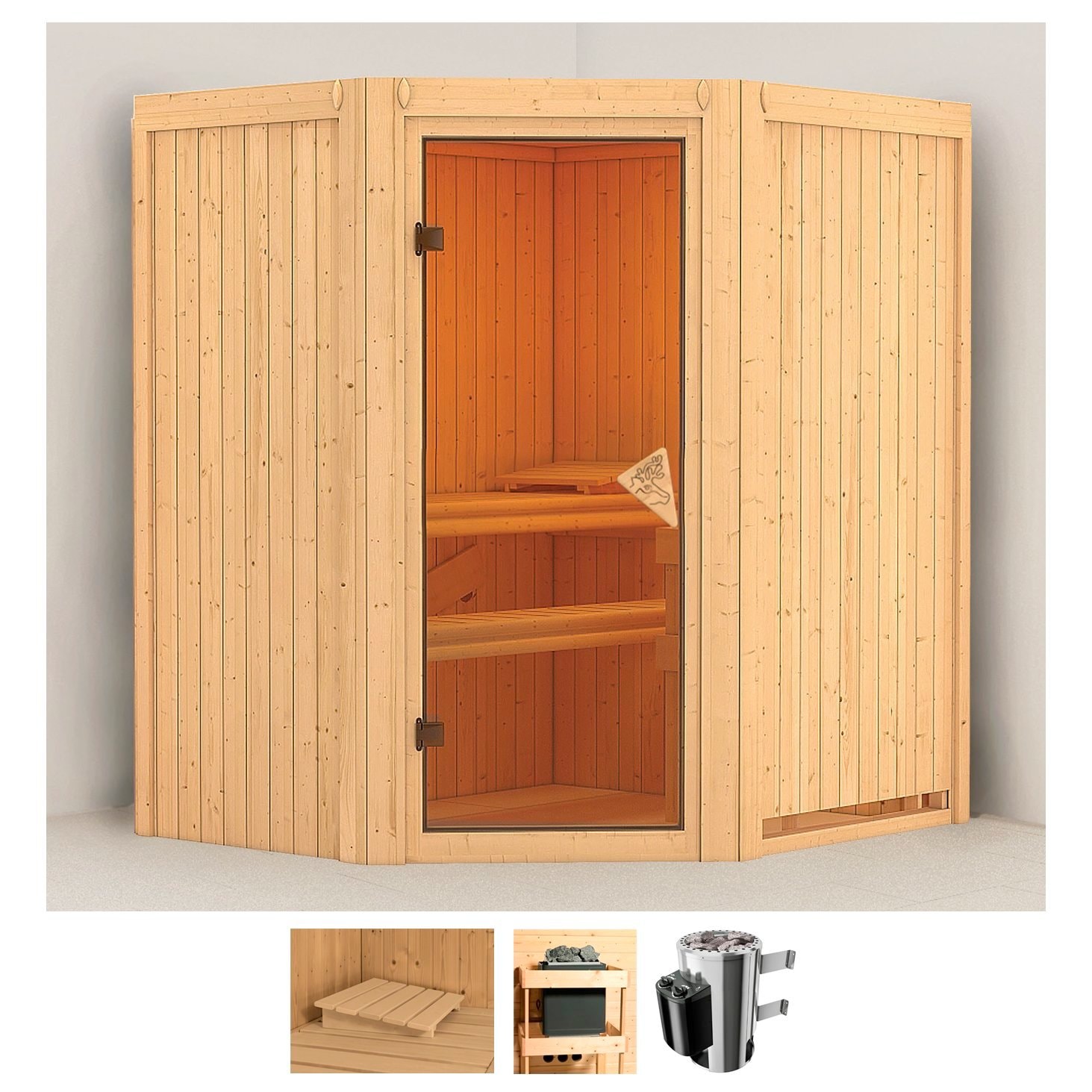 Sauna KARIBU "Tomke", beige (naturbelassen), Saunaofen, integrierte Steuerung, 3,6 kW, Saunen, 3,6-kW-Plug & Play Ofen mit integrierter Steuerung Image