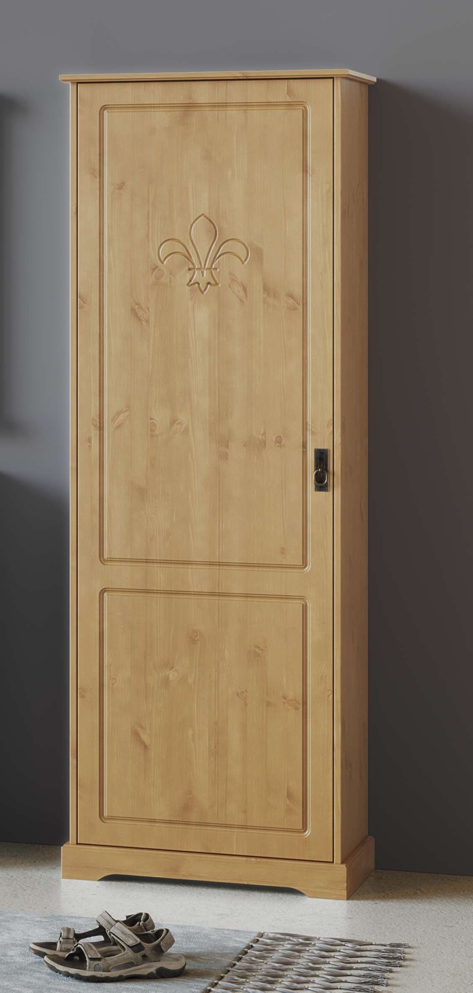 Garderobenschrank OTTO HOME "Lille Mehrzweckschrank Breite/Höhe: 67/187 cm", beige (natur), B:67cm H:187cm T:37cm, Massivholz, Schränke, Garderobenschrank, aus massiver Kiefer, mit schöner Lilien-Fräsung, Jugendstil-Griffe Image