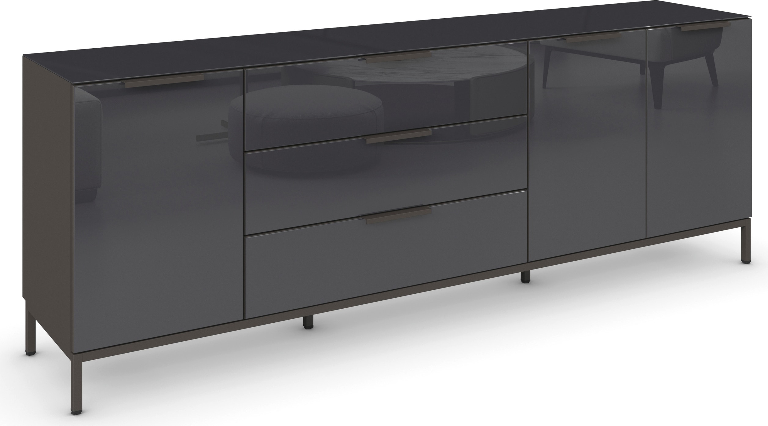 Kombikommode RAUCH "Kommode Türkommode Sideboard Kombikommode FLIPP mit Glasfront", grau (graphit, glas basalt), B:200cm H:71cm T:42cm, Holzwerkstoff, Sideboards, Kombikommode, 3-türig, 3 Schubladen, Soft-Close-Funktion, Oberboden und Front Glas Image