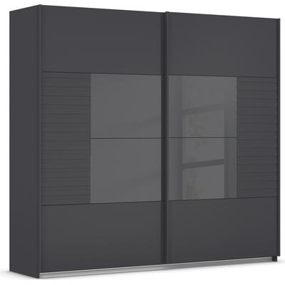 Schwebetürenschrank RAUCH "Kleiderschrank Schrank Garderobe Schlafzimmerschrank RUGA", grau (graumetallic, glas basalt), B:226cm H:210cm T:62cm, Holzwerkstoff, Schränke, Auflagen in moderner Lamellen-Optik, mit Glasauflagen MADE IN GERMANY Image