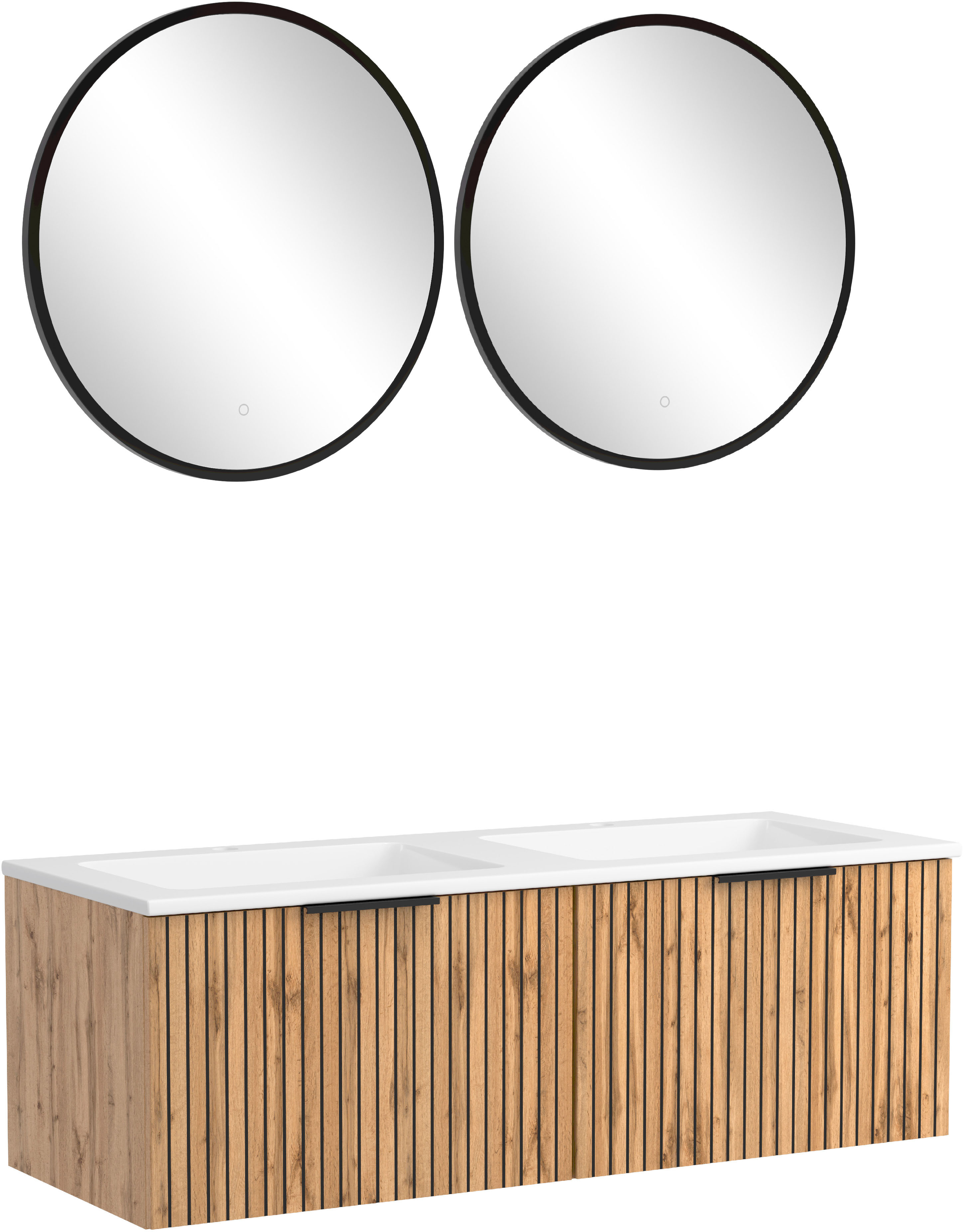 Badmöbel-Set WELLTIME "Welltime, Carlton Waschtisch-Set, 80 oder 120 cm, gestreift", schwarz (wotnaeiche, schwarz), Set 5: 3tlg. Waschtisch-Set 120cm: 2x Spiegel 60cm und Waschtischmit weißem Auflagebecken, Spanplatte, Kastenmöbel-Sets, Badmöbel-Set