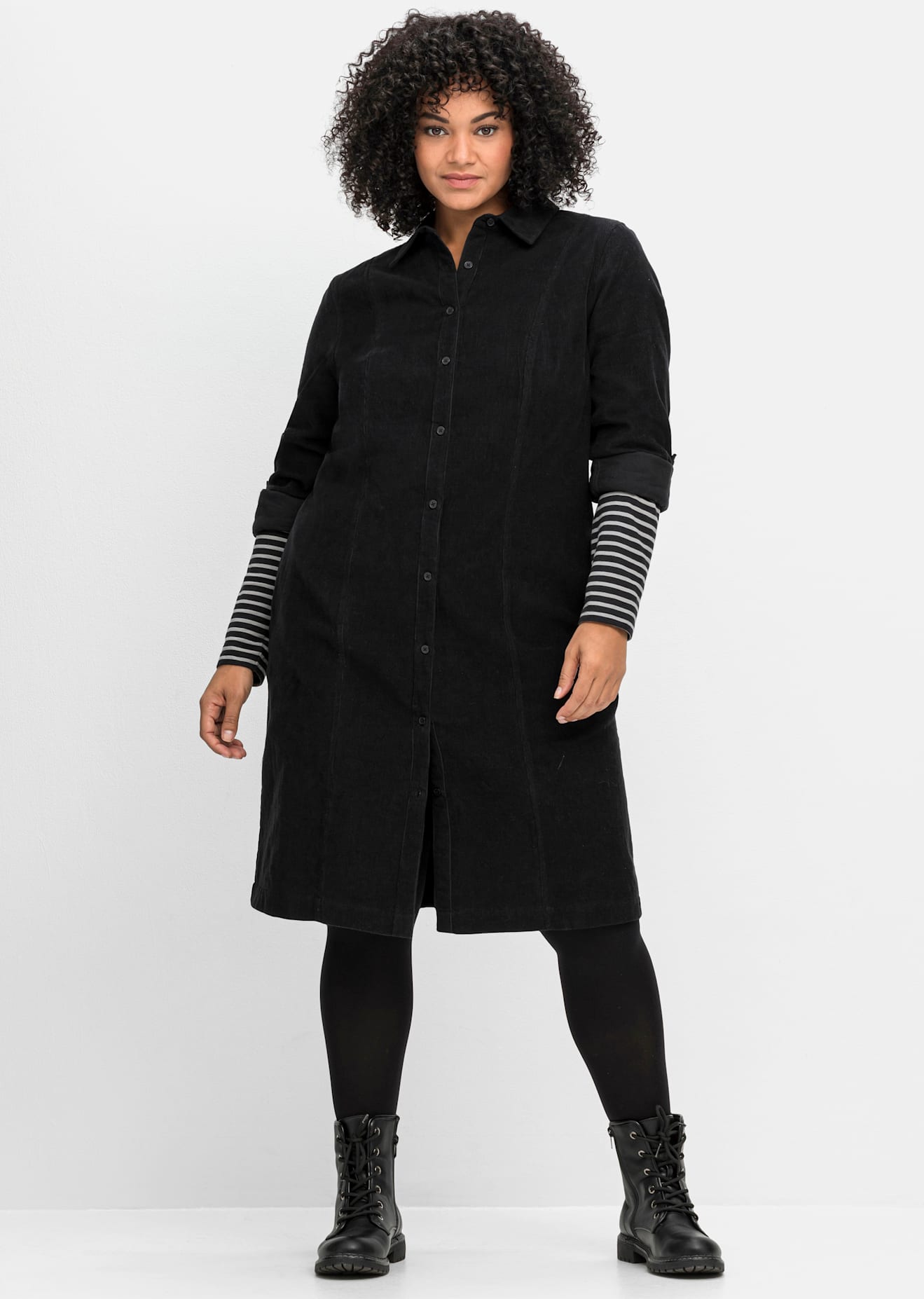 Blusenkleid SHEEGO "Cord-Kleid", Damen, Gr. 40, Normalgrößen, schwarz, 100% Baumwolle, unifarben, knielang, V-Ausschnitt, Kleider Image