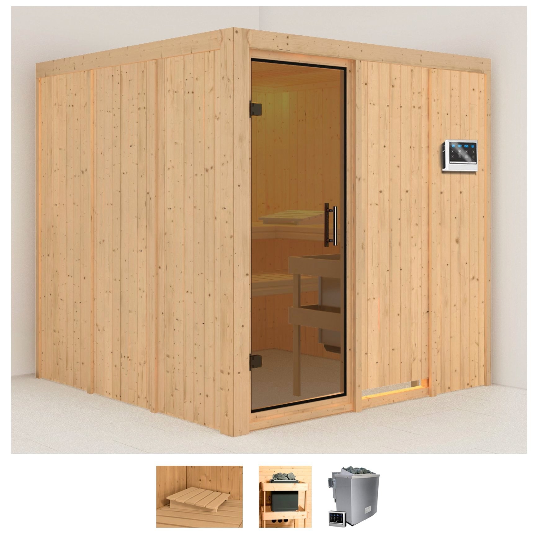 Sauna KARIBU "Rodin", beige (naturbelassen), Bio-Kombiofen, externe Steuerung, 9 kW, Saunen, Ofen 9 kW Bio externe Strg easy