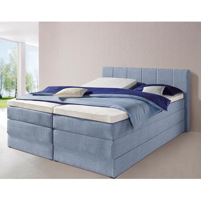 Boxspringbett HAPO, blau (hellblau), Liegefläche B/L: 200cm x 200cm, kein Härtegrad, Bonnell-Federkernmatratze, Kopfteil, seitliche Unterbox und Obermatratze sind mit pflegeleichtem Feinstrukturstoff in Leinenoptik (100% Polyester) bezogen, Die... Image
