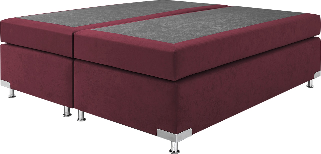 Boxspringbett "Holland", rot (bordeaux, rot), B:162cm L:201cm, Microvelours (100% Polyester), WESTFALIA SCHLAFKOMFORT, Komplettbetten, Boxspringbett, ohne Kopfteil, frei im Raum stellbar Image