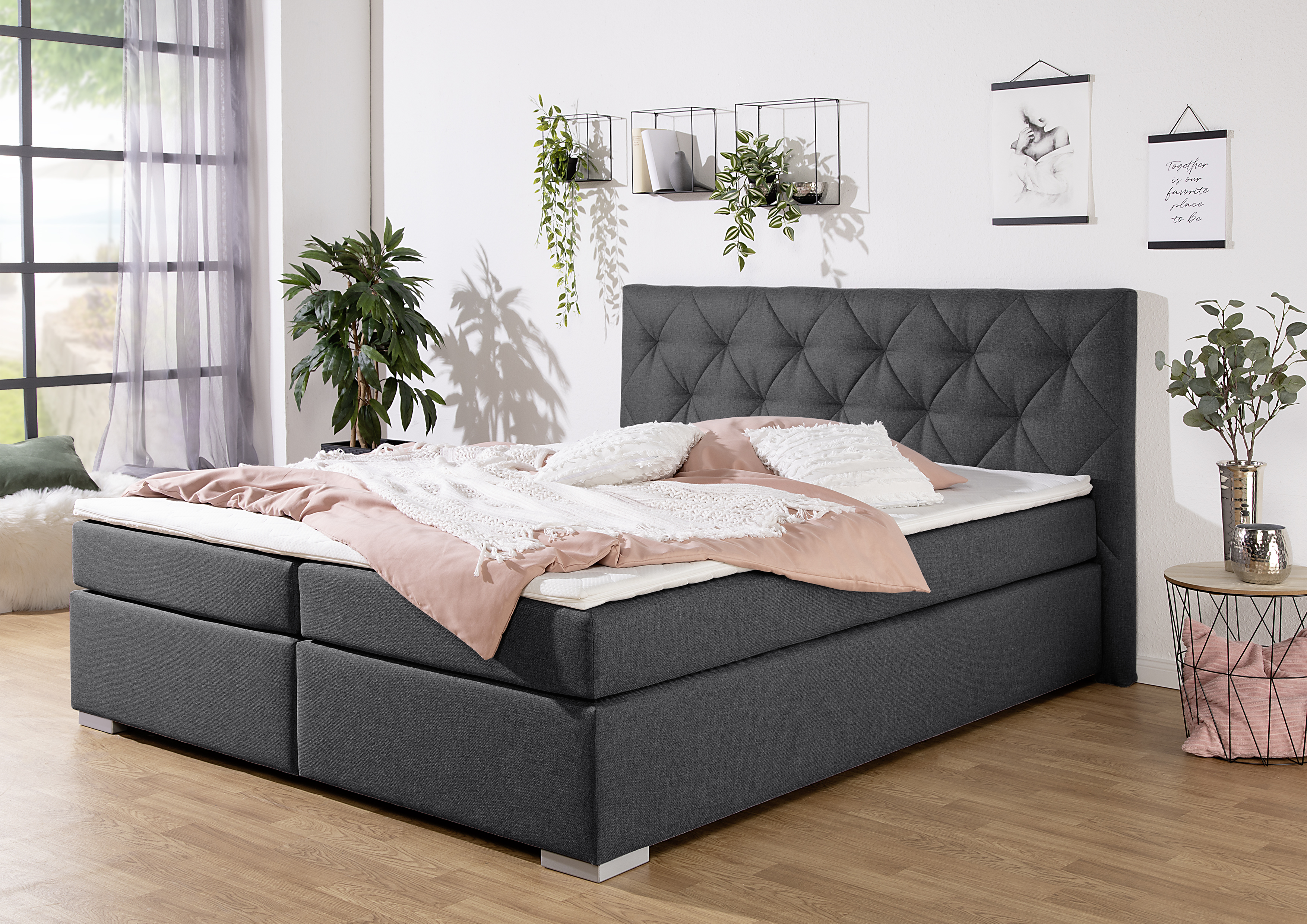Boxbett INOSIGN "Tynan", grau (anthrazit), B:194cm L:210cm, Komplettbetten, Boxspringbett, wahlweise mit Bettkasten, in H2, H3 & H4 erhältilich, Topseller Image