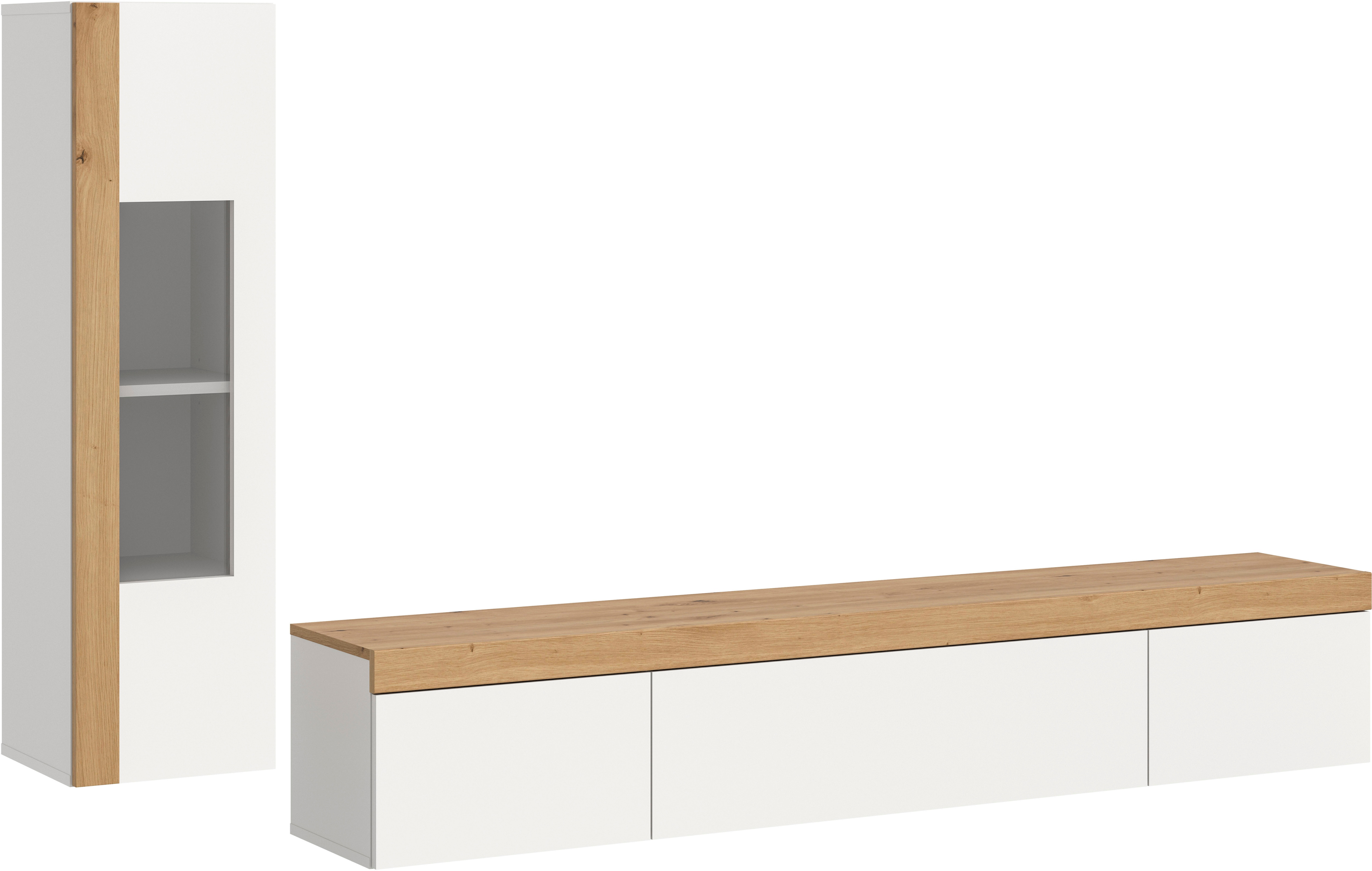 Wohnwand INOSIGN "Svala, Breite 180 cm, Wohnkombination", weiß (weiß nachbildung), B:225cm H:34cm T:33cm, Kastenmöbel-Sets, stehend u. hängend montierbar,Vitrinenschrank, Lowboard