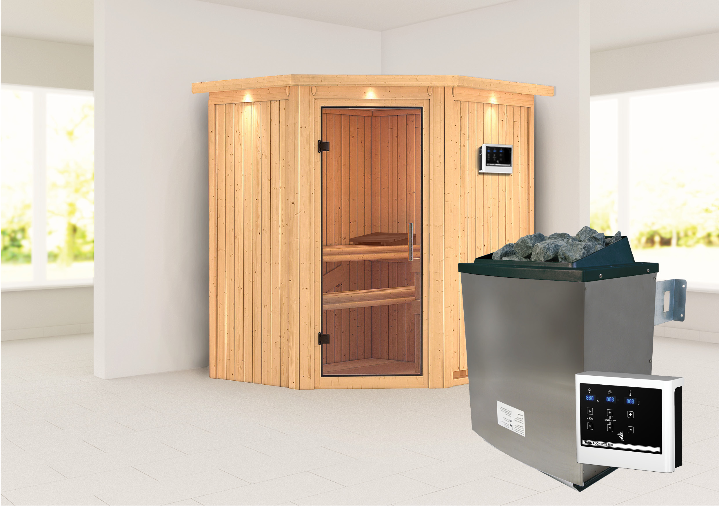 Sauna KARIBU "»Liyah« mit Klarglastür und Dachkranz", beige (naturbelassen), Saunaofen, externe Steuerung, (ohne Ofen), Saunen, in verschiedenen Ausführungen erhältlich Image