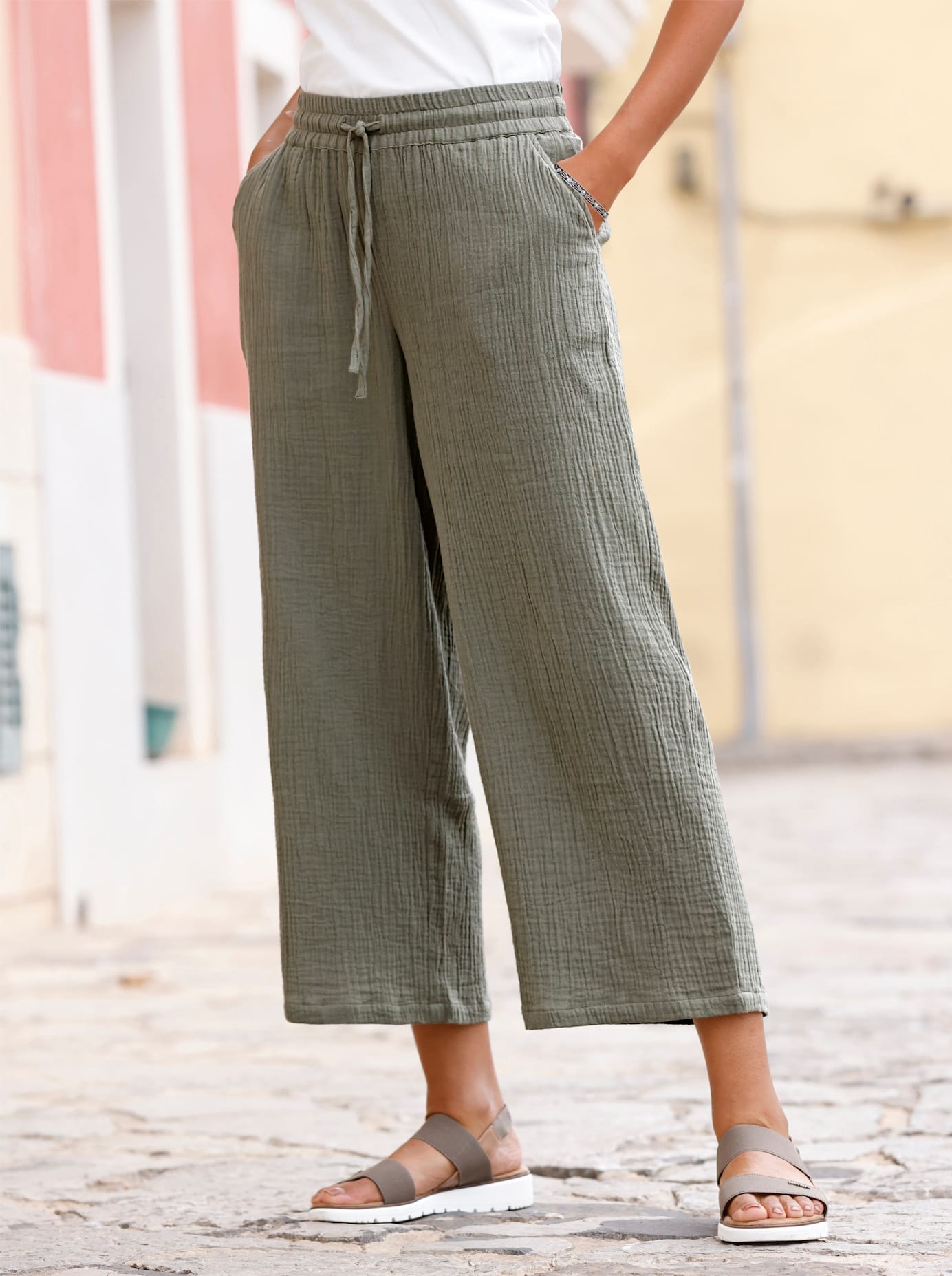 Culotte CASUAL LOOKS, Damen, Gr. 52, Normalgrößen, grün (khaki), 100% Baumwolle, unifarben, 7/8-Länge, Hosen Culotte