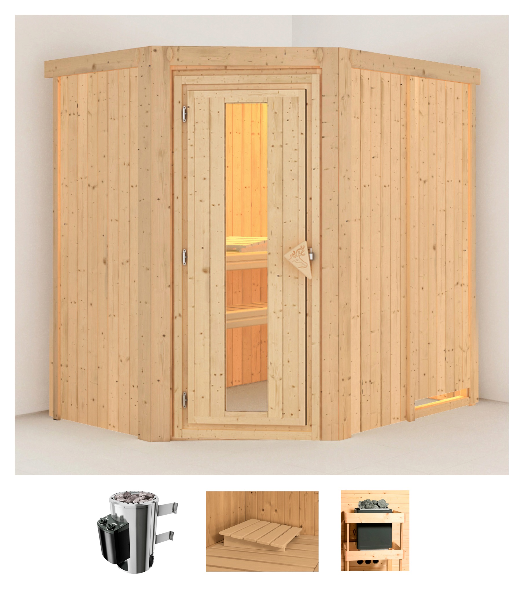 Sauna KARIBU "Swantje", beige (naturbelassen), Saunaofen, integrierte Steuerung, 3,6, Saunen, 3,6-kW-Plug & Play Ofen mit integrierter Steuerung Image