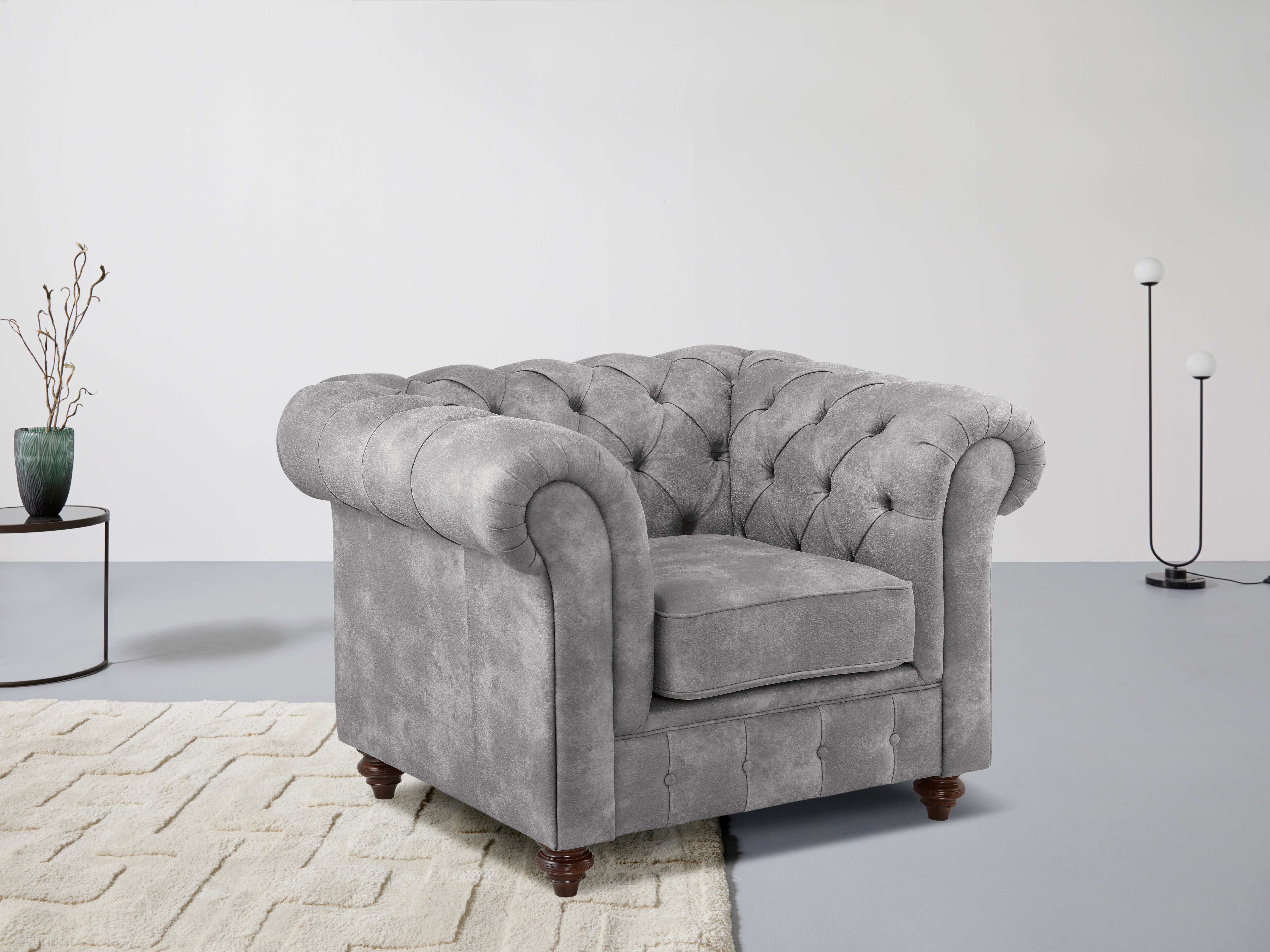 Sessel HOME AFFAIRE "Chesterfield B/T/H: 105/69/74 cm", grau (hellgrau), B:105cm H:74cm T:89cm, Luxus-Microfaser (94% Polyester, 5% Nylon, 1% Spandex);Luxus-Microfaser Snake (100% Polyester);Microfaser Antiklederoptik (100% Polyester);NaturLEDER...