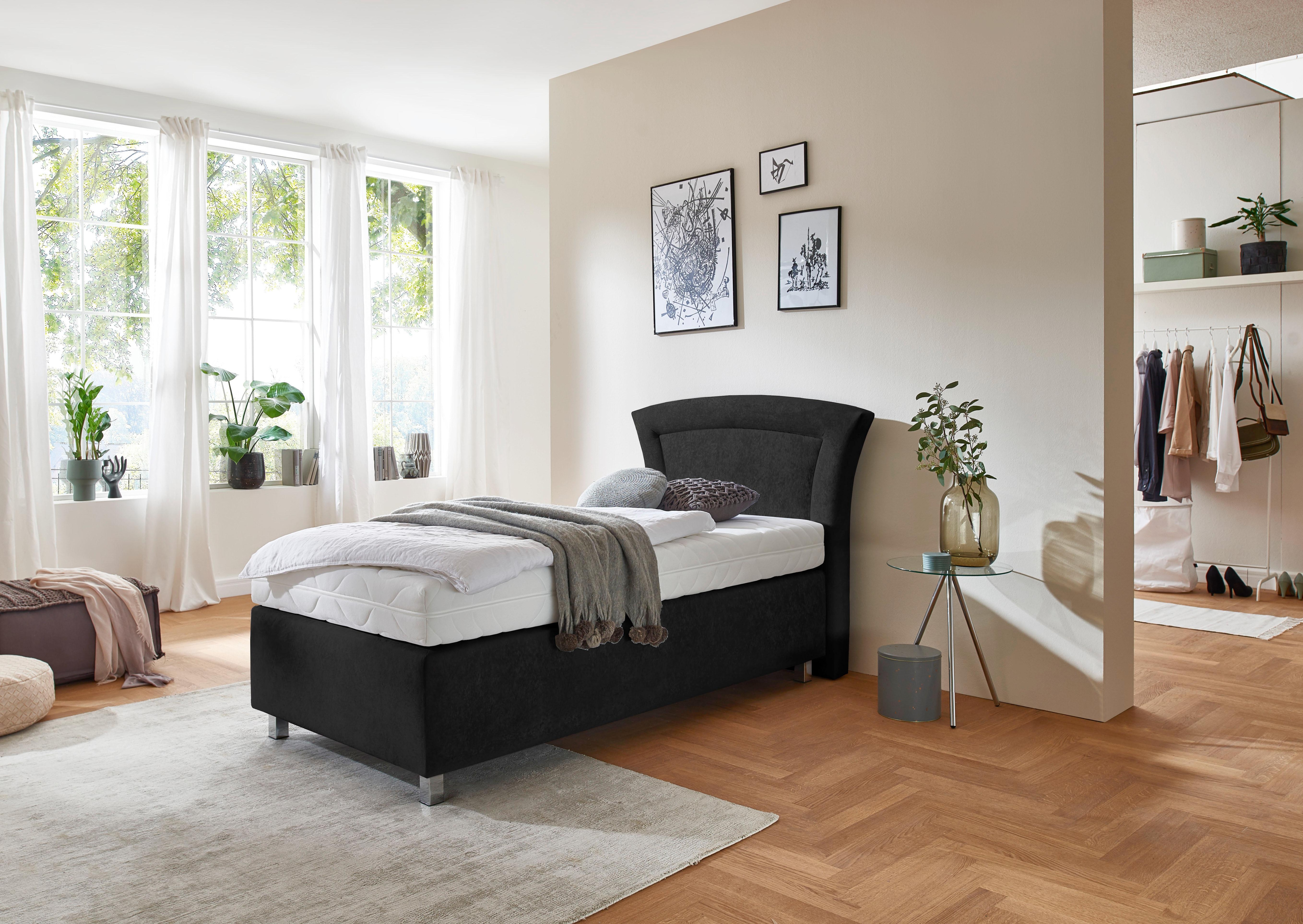 Boxspringbett, schwarz (mikrovelours schwarz), Liegefläche B/L: 100cm x 200cm, H3, 5-Zonen-Tonnentaschen-Federkernmatratze, Bezug Unterbox und Kopfteil: Mikrovelours, 100% Polyester;Bezug Obermatratze 100% Polyester, waschbar bis 60C, WESTFALIA... Image