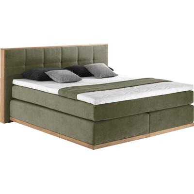 Boxspringbett PLACES OF STYLE "Vinton", grün (olive), B:220cm L:213cm, Komplettbetten, Boxspringbett, aus massiver Eiche, verschiedene Härtegrade (auch H4) Image